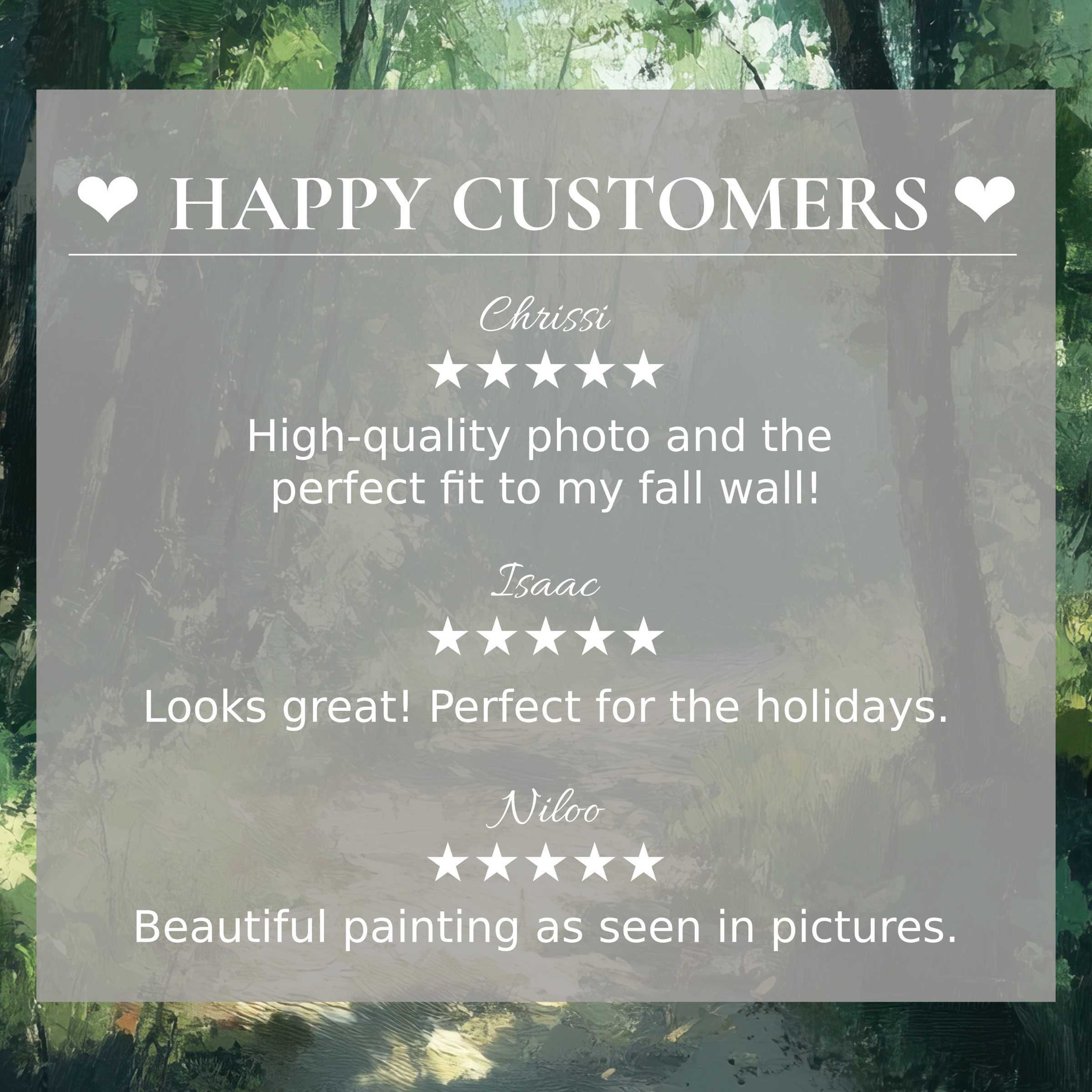 Summer art for Frame TV with abstract forest hues, highlighting happy customer reviews and stylish, trustworthy design