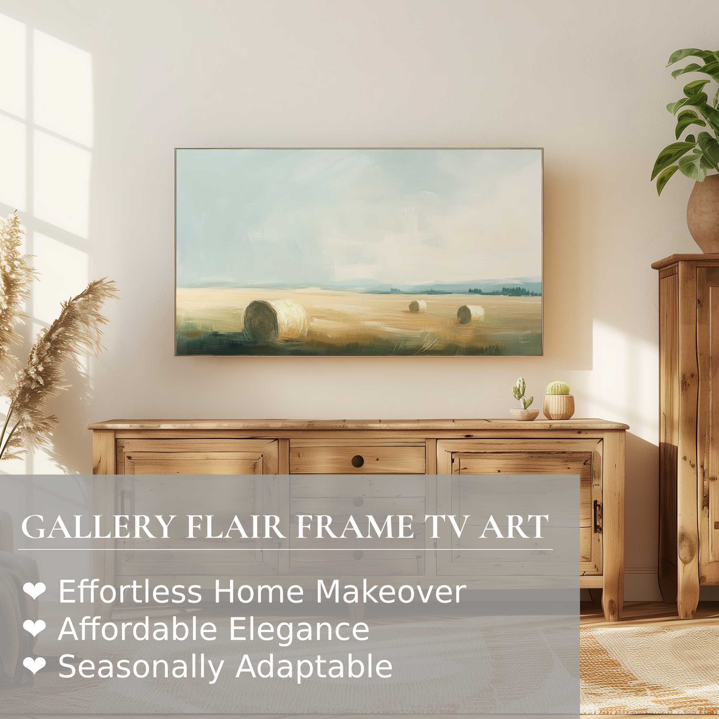 Samsung Frame TV displays serene, muted landscape digital artwork in an elegant, modern living room setting
