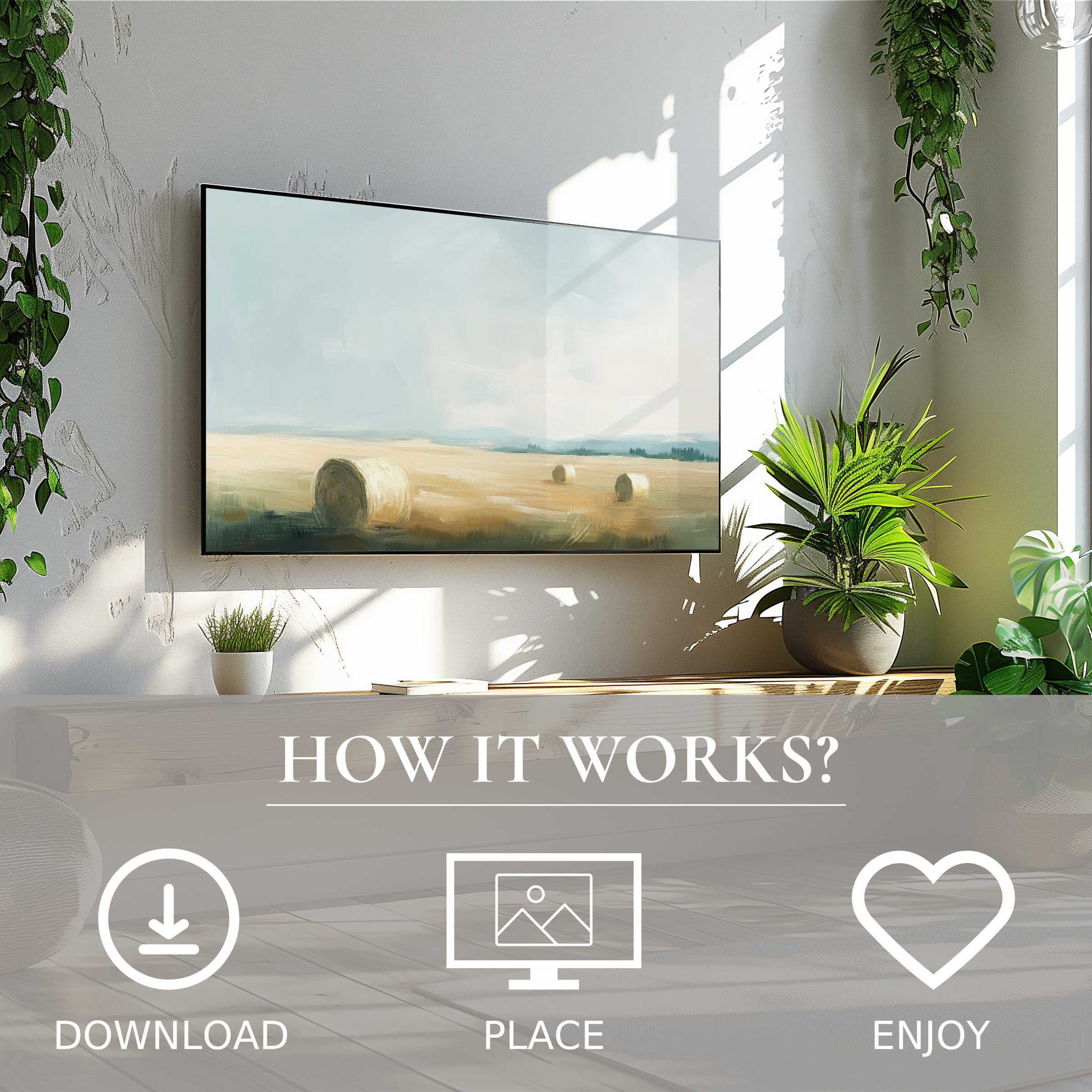 Modern living room with landscape art for Samsung TV, soft hayfield tones, easy digital download enriches space