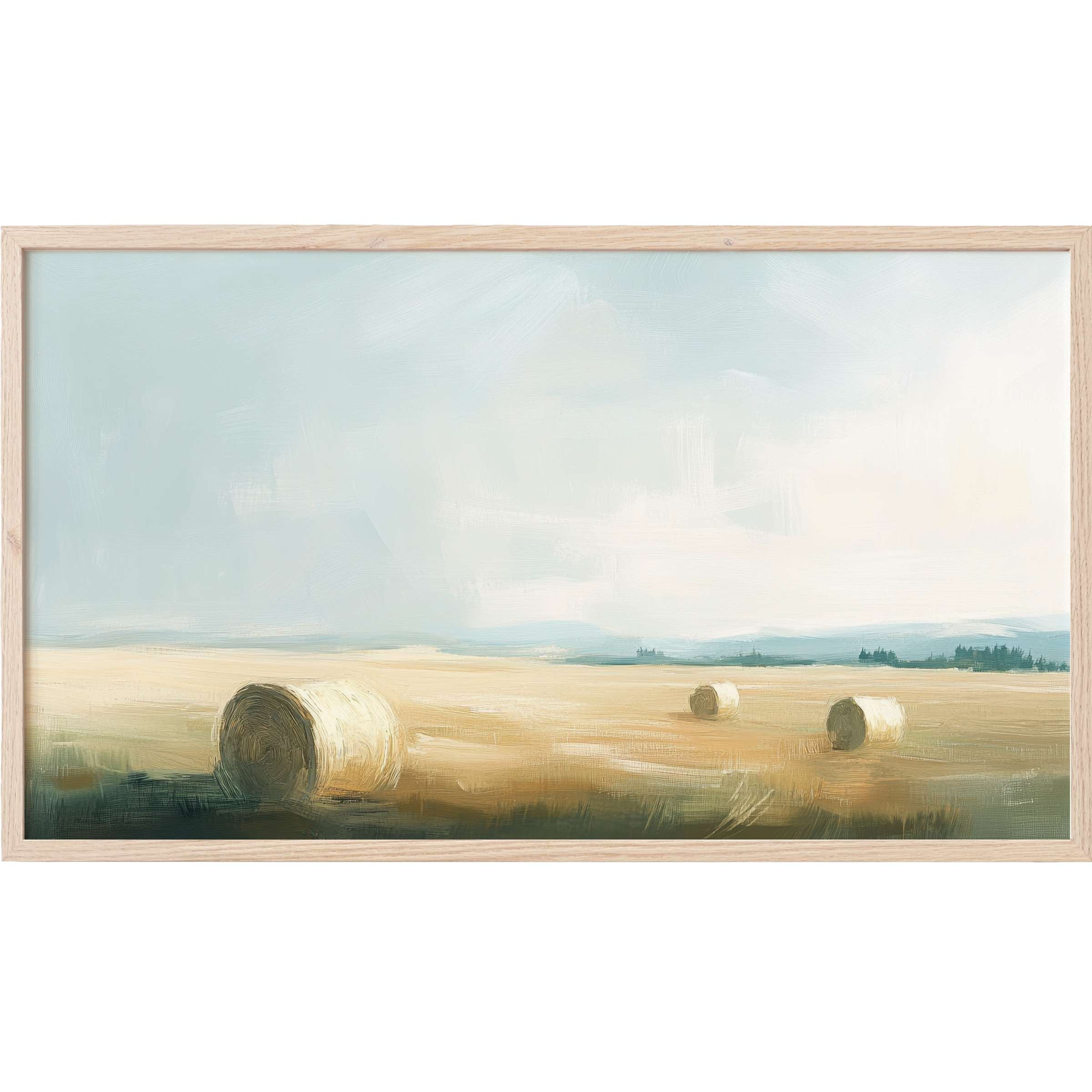 Serene countryside with golden hay bales under soft skies, rendered in soothing hues - landscape Frame TV Art