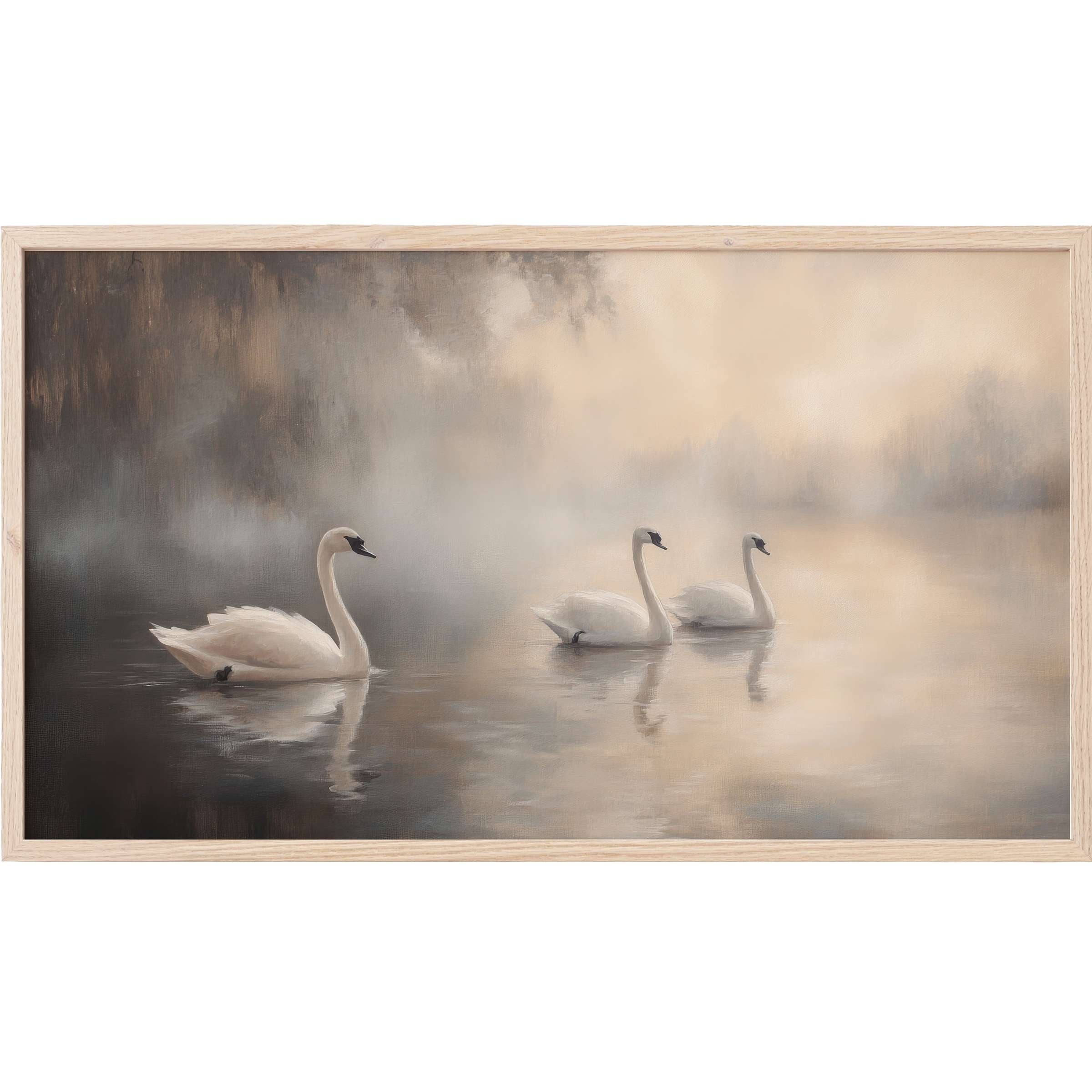 Vintage Frame TV Art depicting serene swans gliding on misty water in soft beige and gray tones