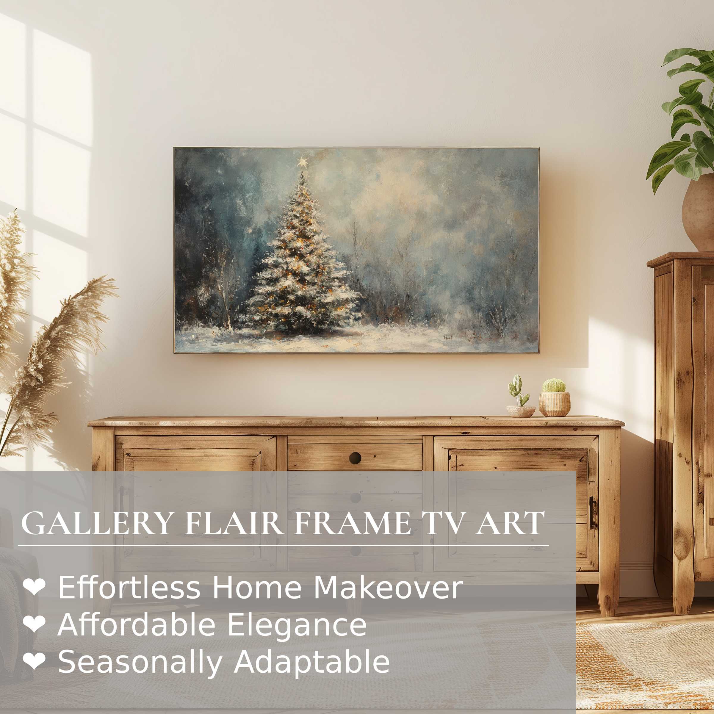 Samsung Frame TV displaying a serene christmas digital artwork in a modern, elegant living space