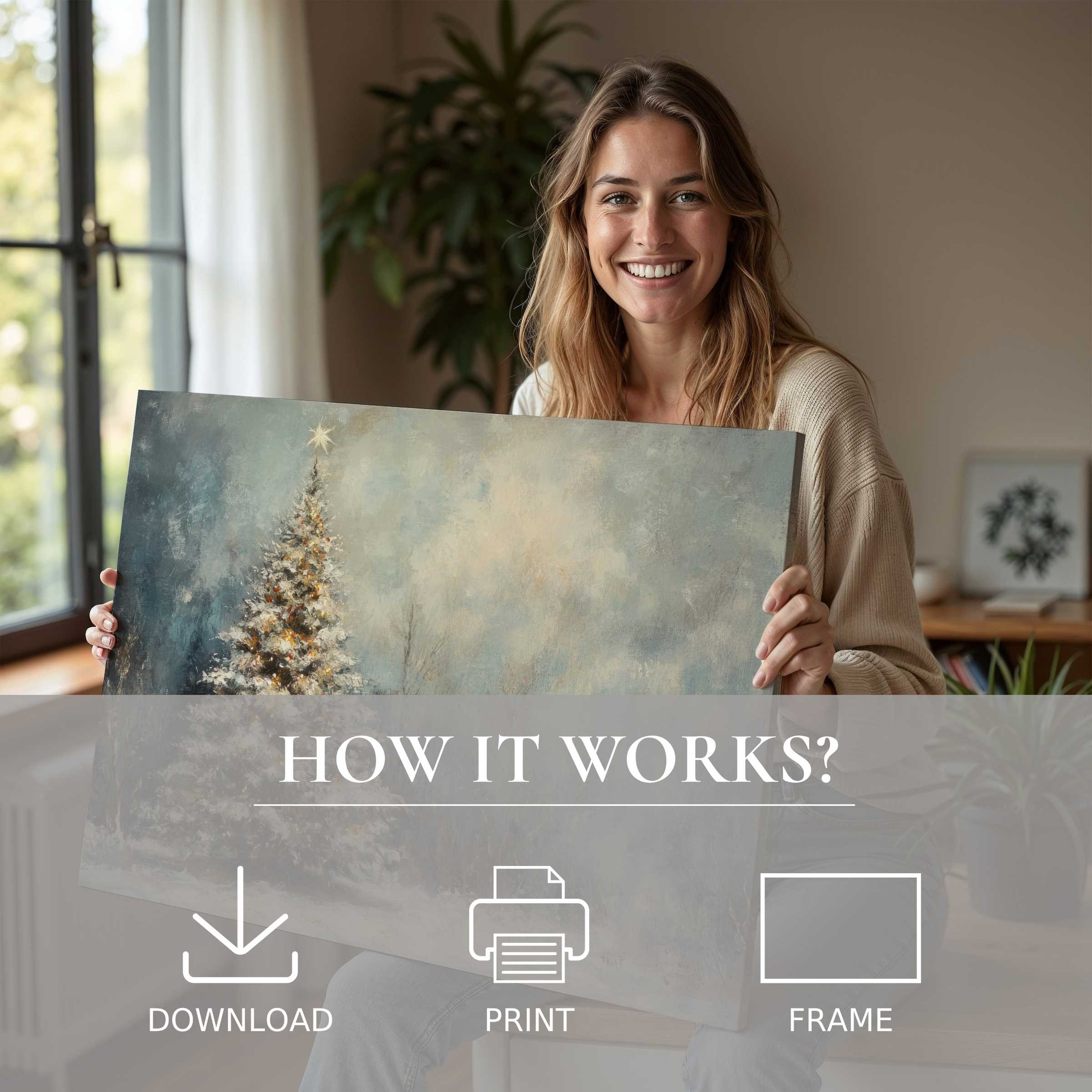 A woman in a serene modern home embraces the warmth of Christmas digital art print, inviting effortless joy and timeless elegance
