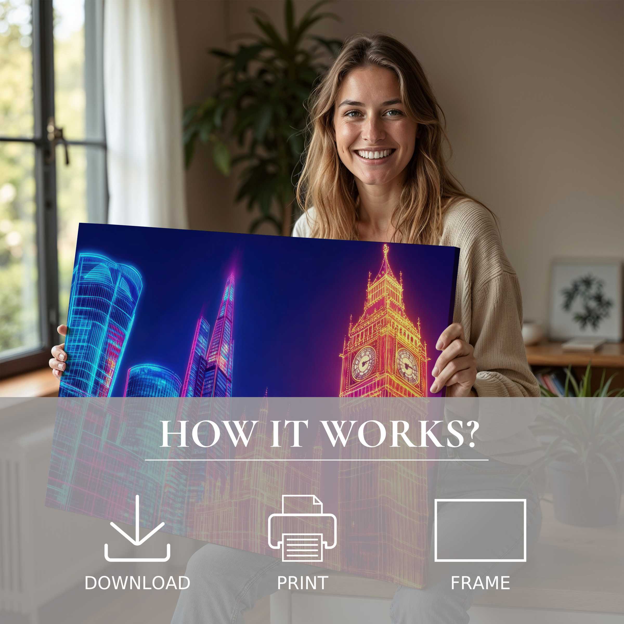 Radiant connection to pop art digital art print, elevating modern living spaces with effortless joy and luminous urban elegance