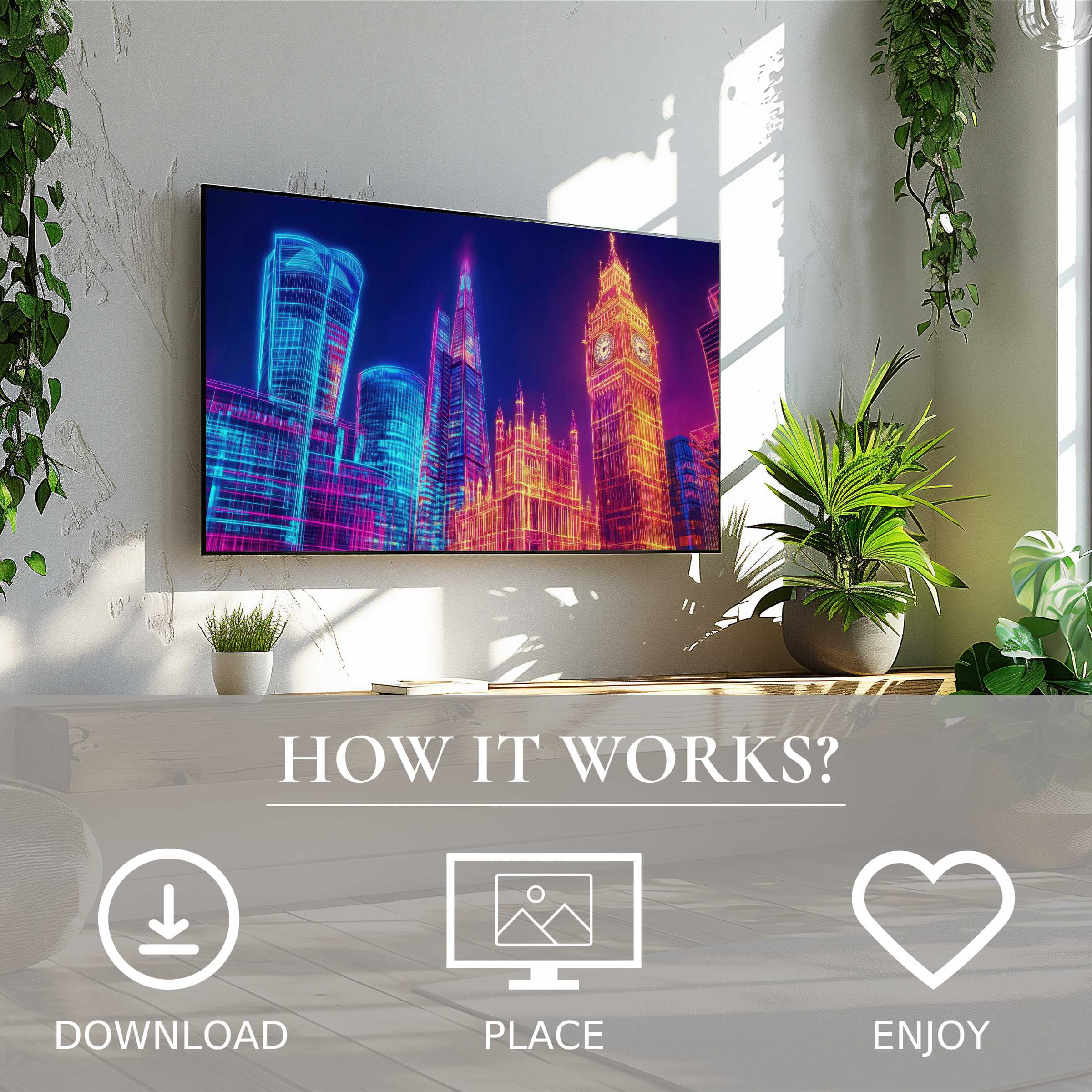 Pop art art for Samsung TV: vibrant neon cityscape brightens modern space, easy digital download enhances decor instantly