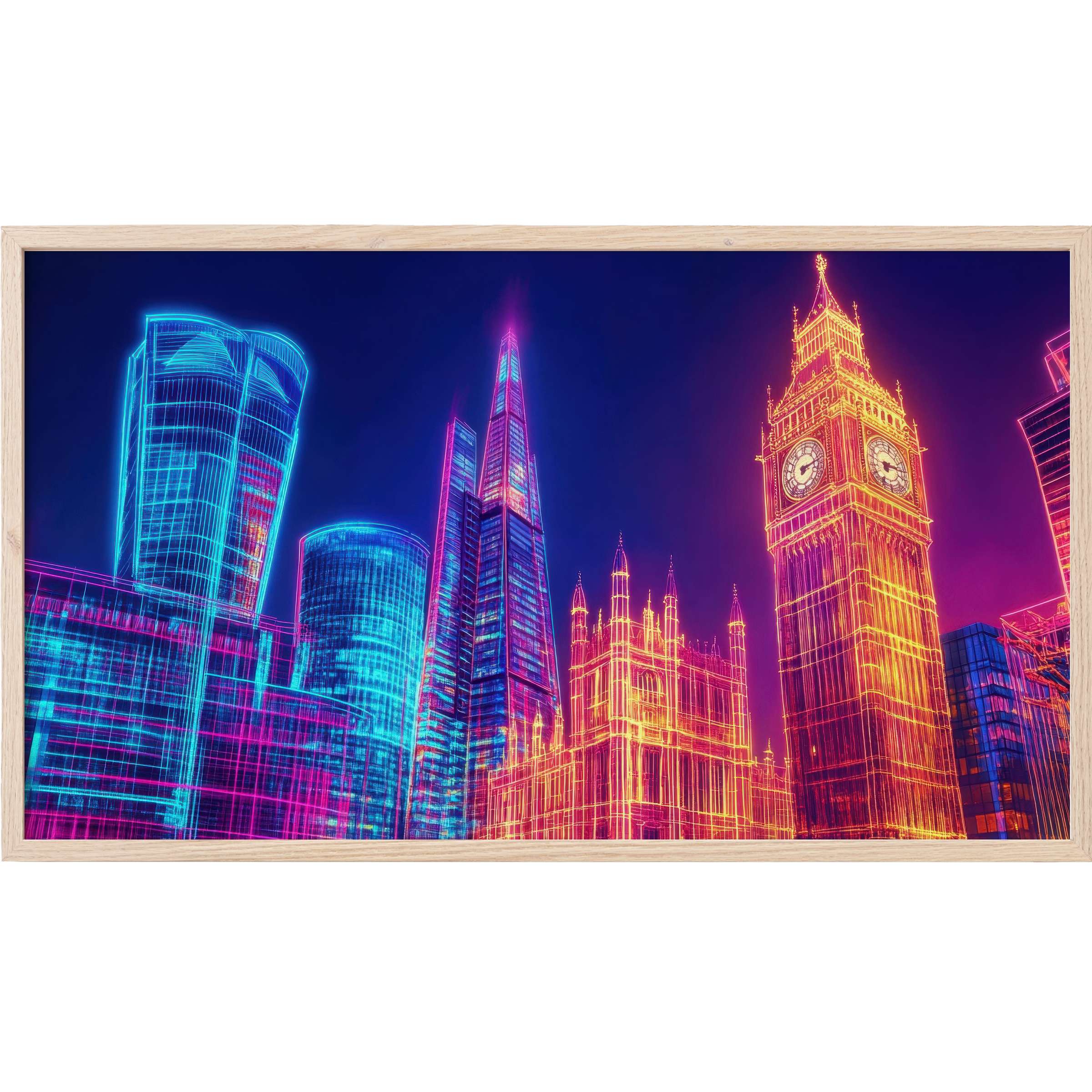 Vibrant neon cityscape in electric blue and orange hues, sleek lines defining London’s iconic skyline pop art Frame TV Art
