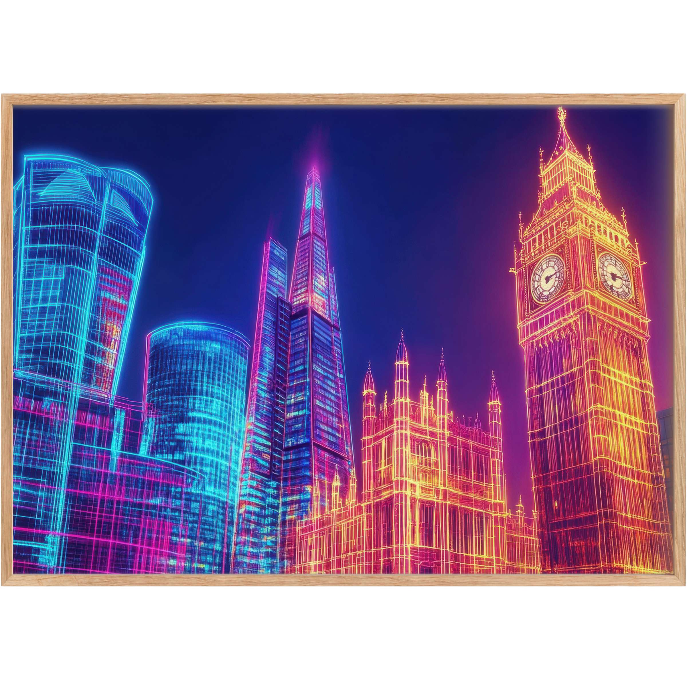 Vibrant pop art printable wall art illuminating London’s skyline in electric blues and fiery oranges, evoking bold urban energy