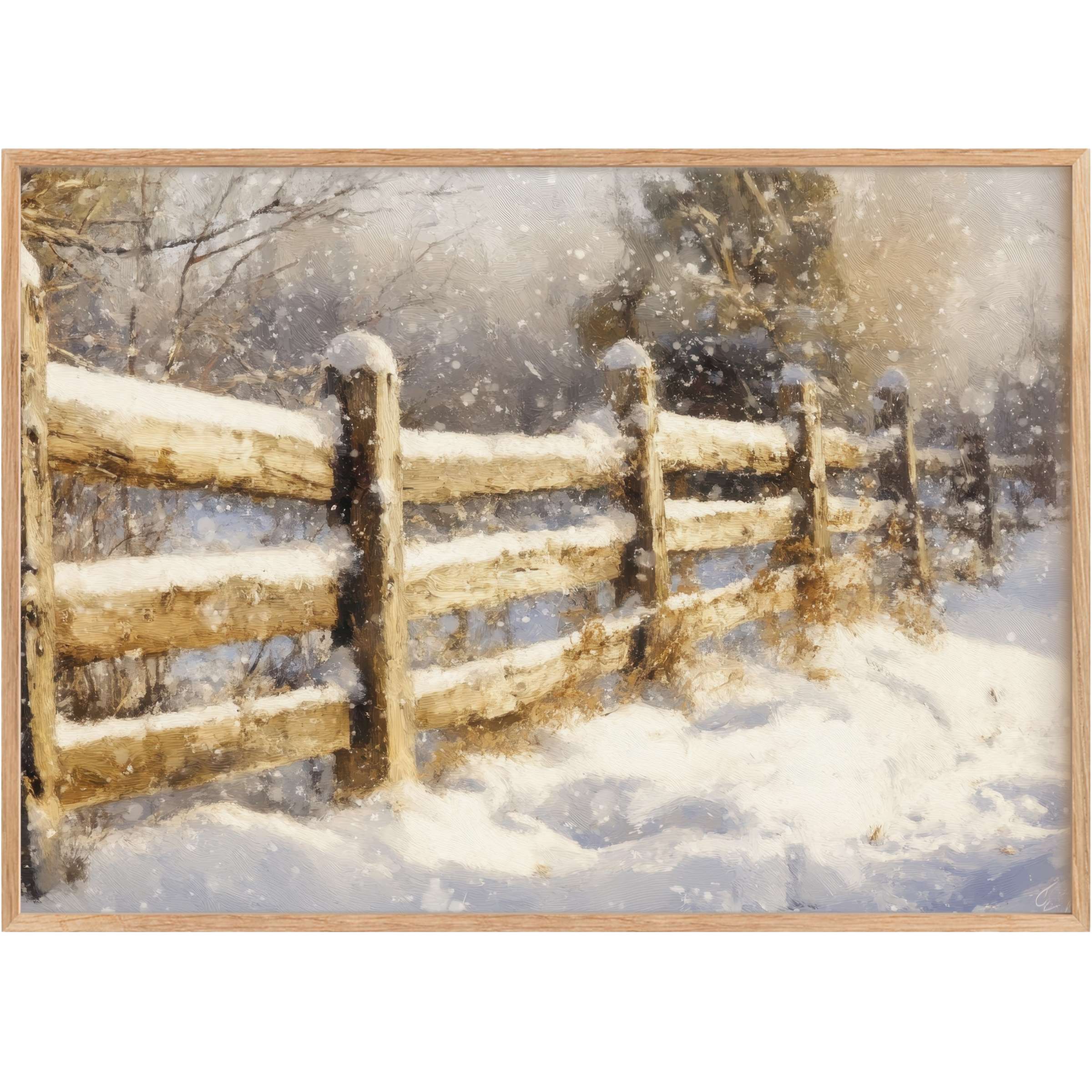 Rustic wooden fence dusted in fresh snow evokes a serene, winter printable wall art with soft neutrals and tranquil whites