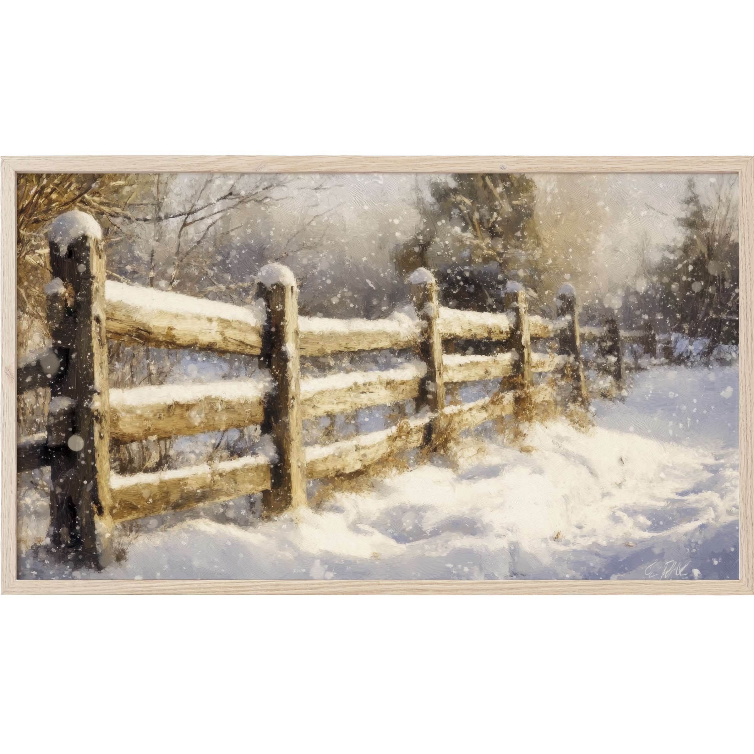 Winter Frame TV Art depicting a snowy rustic fence in soft neutrals and cool blues with an impressionist touch