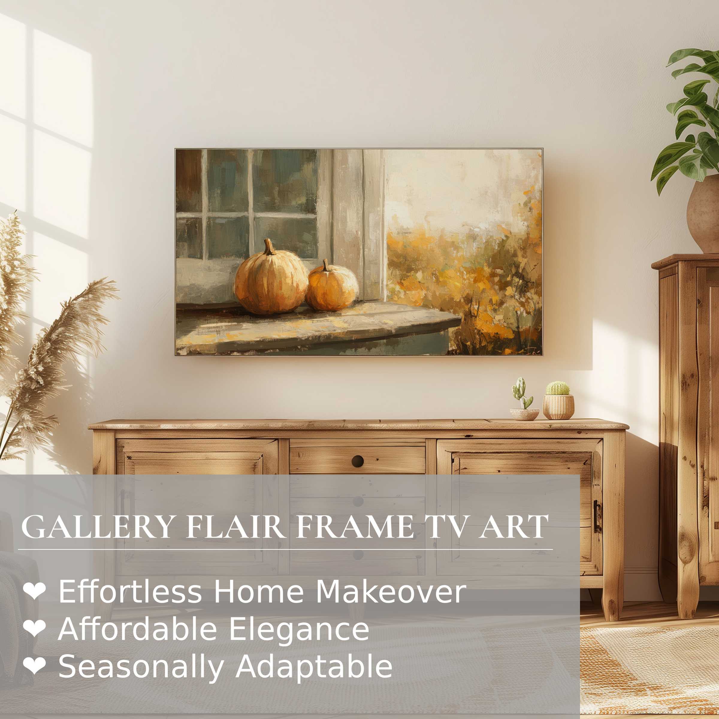 Elegant fall digital artwork of pumpkins on a sill displayed on Samsung Frame TV in warm, modern living room