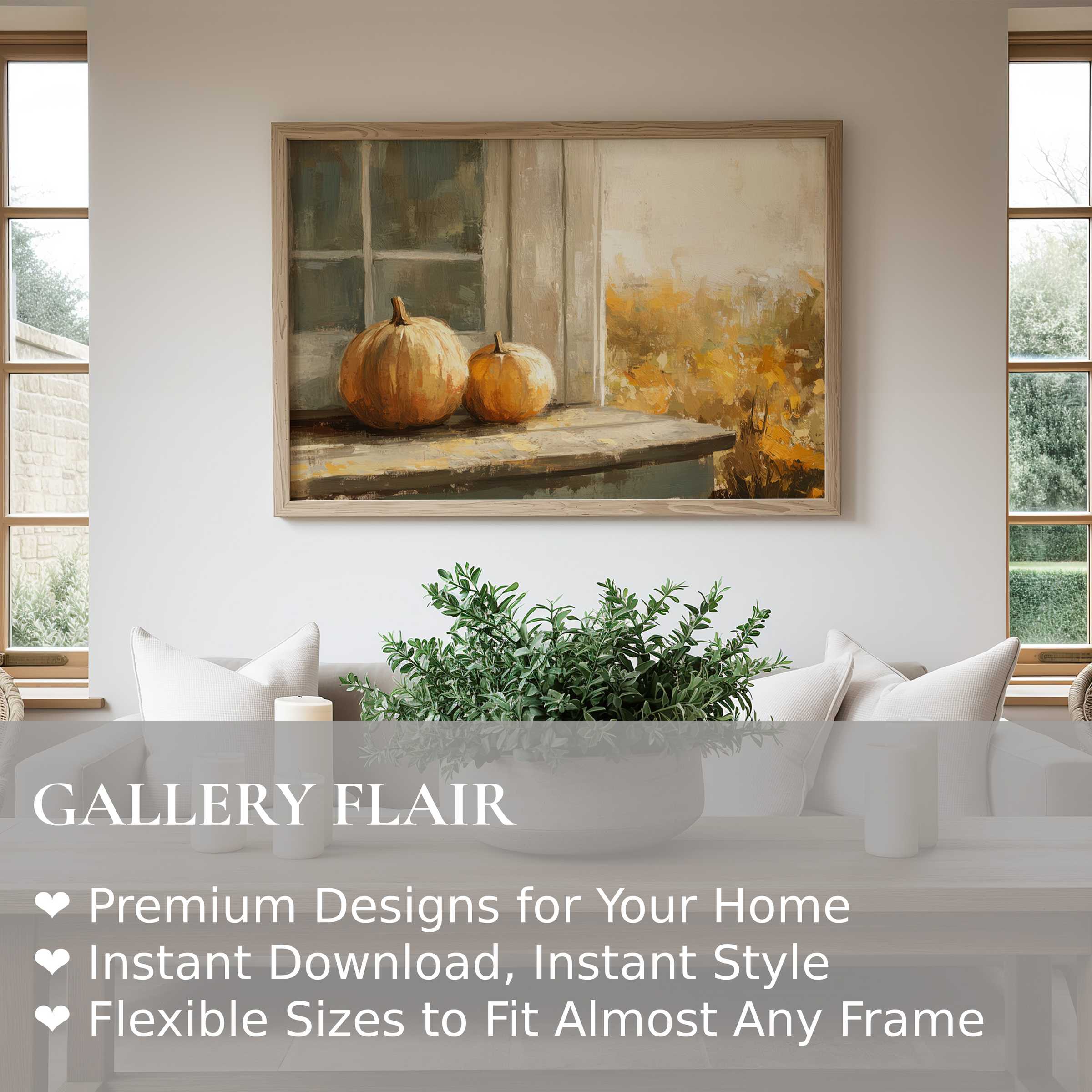 Fall wall art print with rustic pumpkins by a vintage window, adding warm, earthy charm to modern farmhouse living rooms