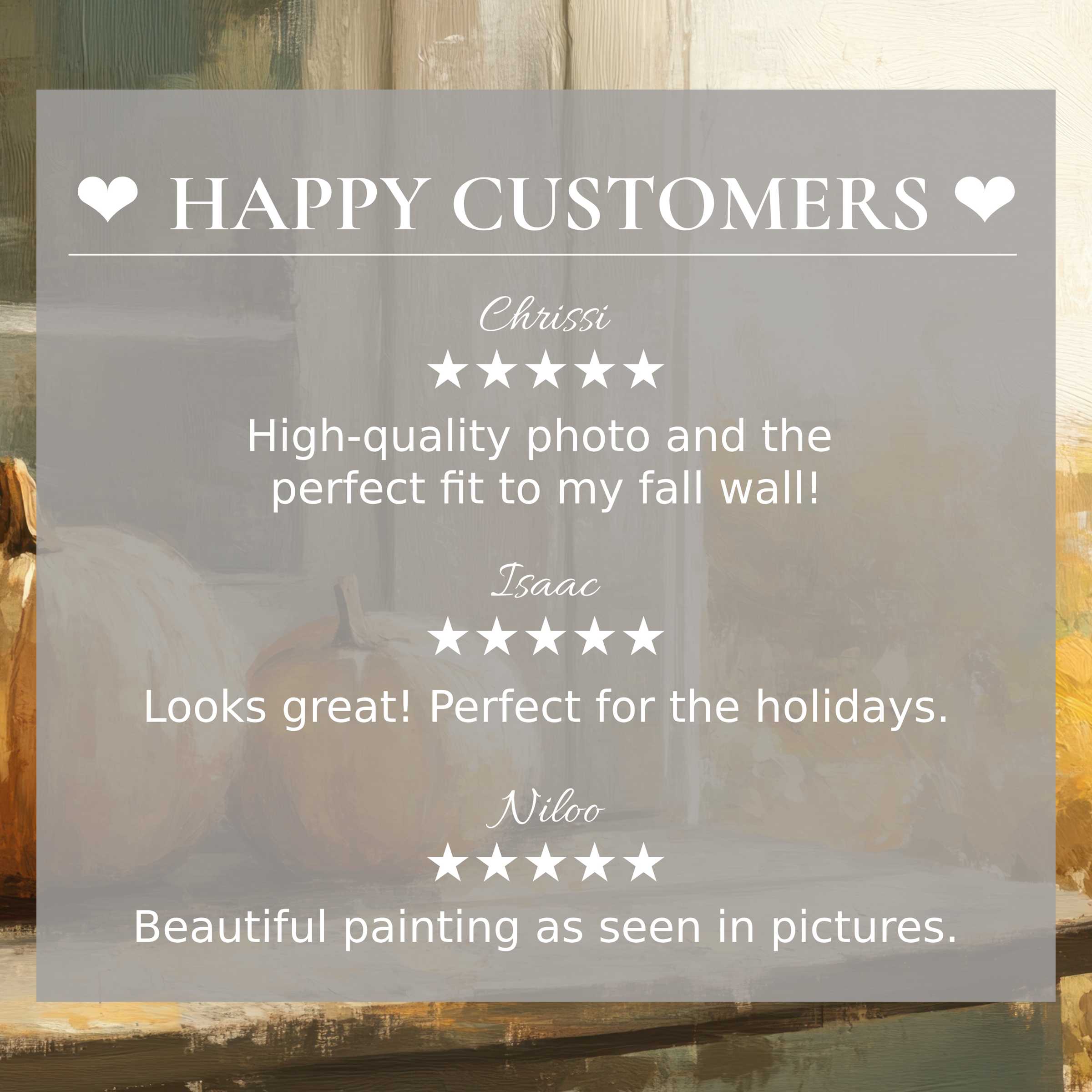 Fall art for Frame TV with abstract sunset hues, highlighting happy customer reviews and elegant, trustworthy design