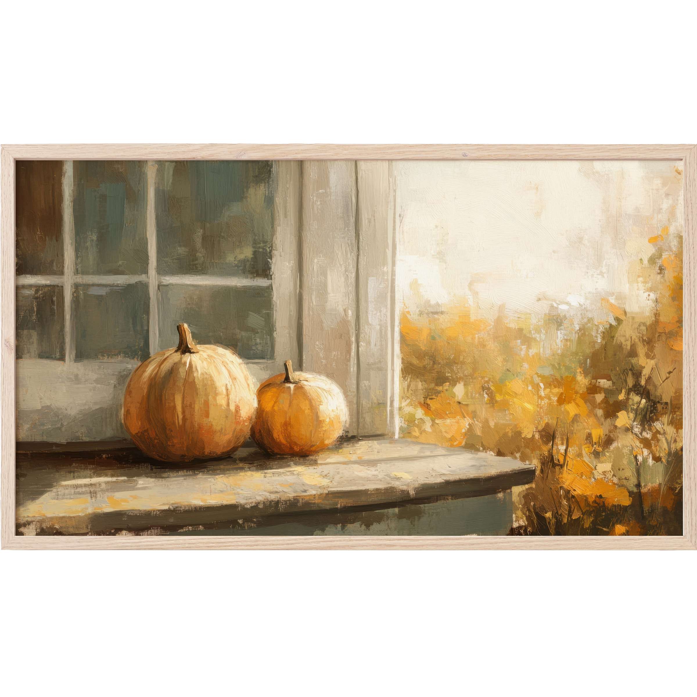 Fall Frame TV Art showing soft pumpkins on a rustic porch with warm golds and muted earth tones in an impressionist style