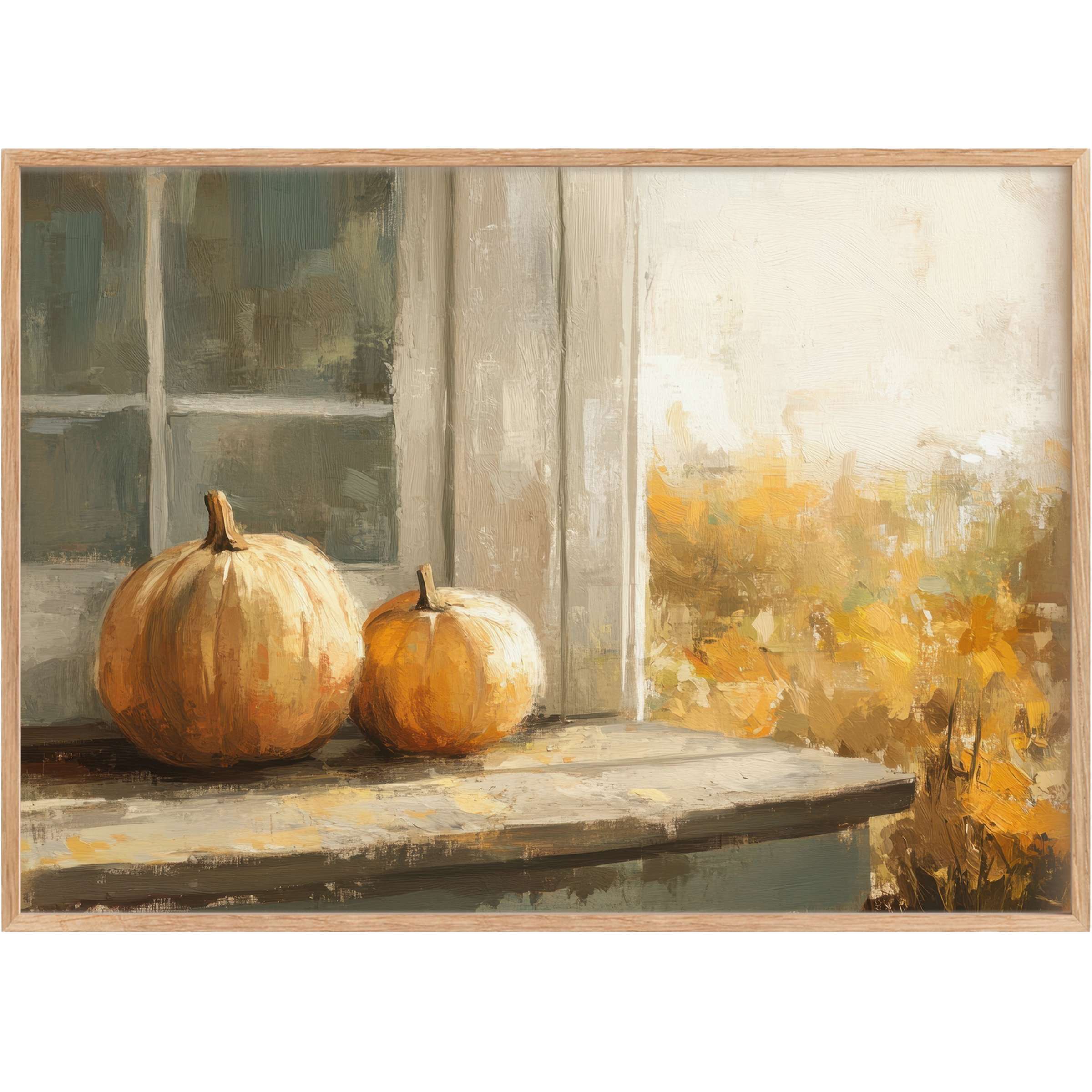 Warm and inviting fall printable wall art featuring soft amber pumpkins and rustic wood, evoking cozy autumn tranquility