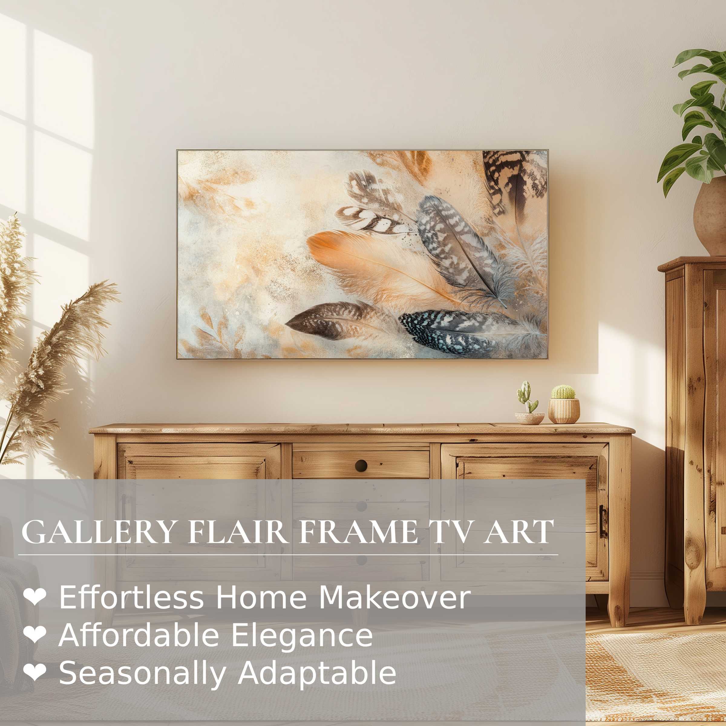 Boho digital artwork with soft feathers on Samsung Frame TV, blending warmth and modern elegance in a serene setting