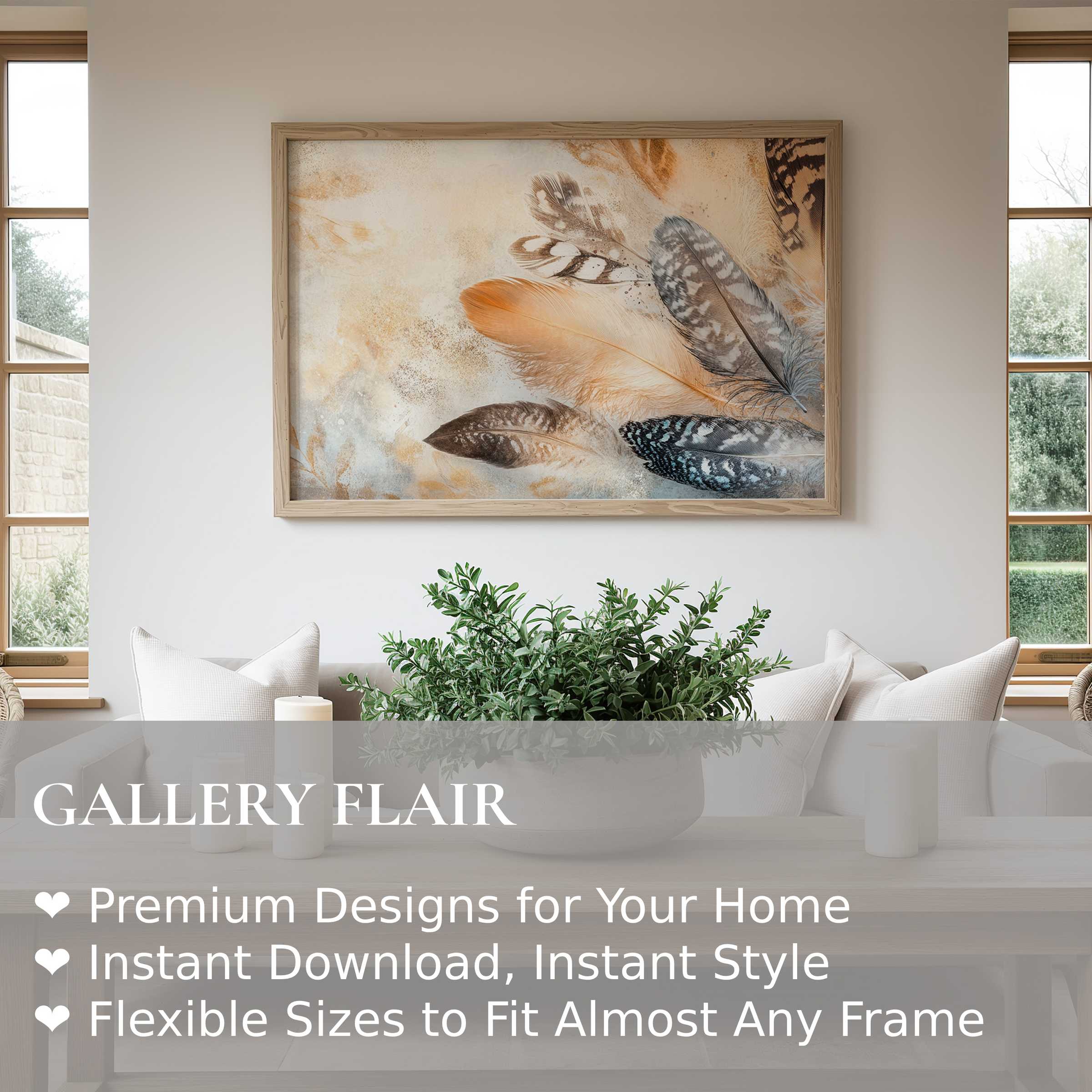 Boho wall art print featuring soft, natural feathers in warm earth tones, elevating serene, modern rustic interiors
