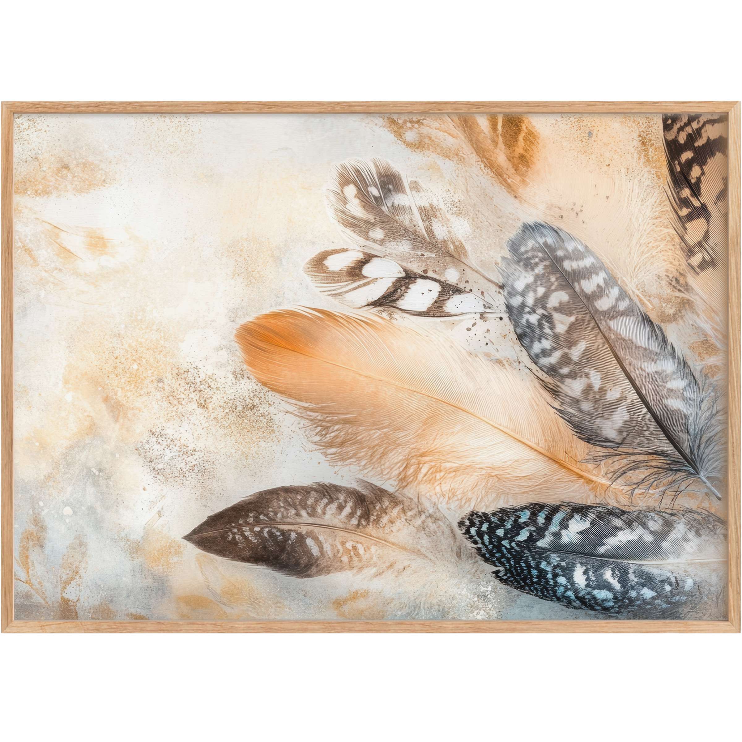 Boho printable wall art with soft, earthy feathers in warm tans and cool grays, evoking a serene, natural elegance