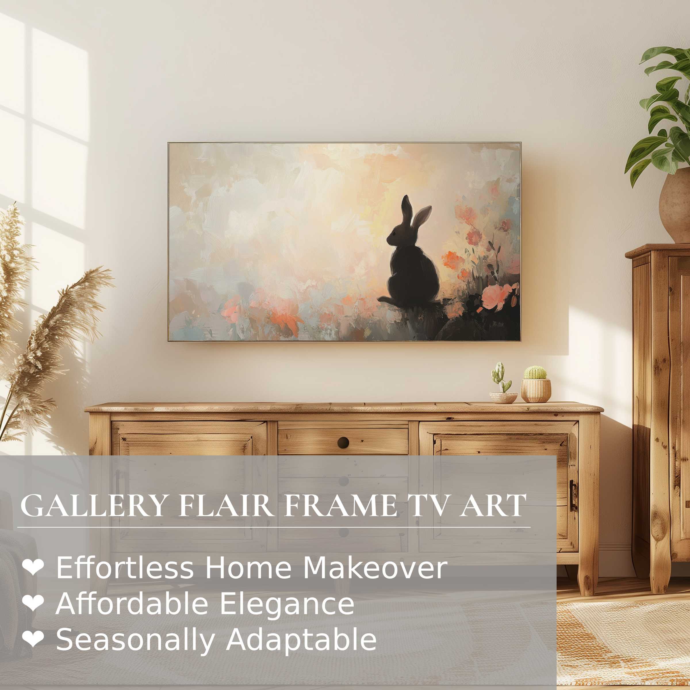 Elegant Samsung Frame TV displaying soft-hued easter digital artwork of a bunny in a serene modern setting