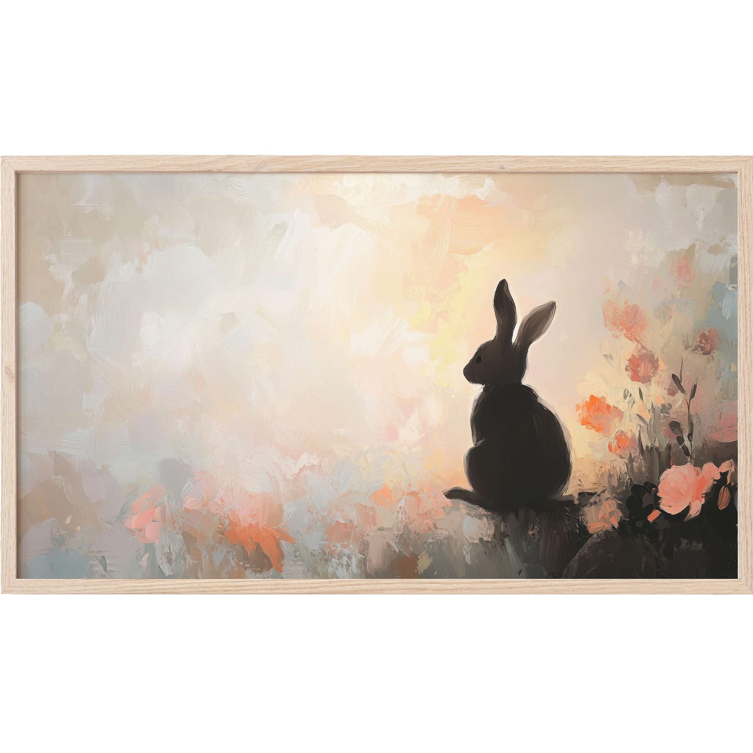 Silhouetted rabbit amid soft pastel florals in a dreamy, brushstroke style easter Frame TV Art