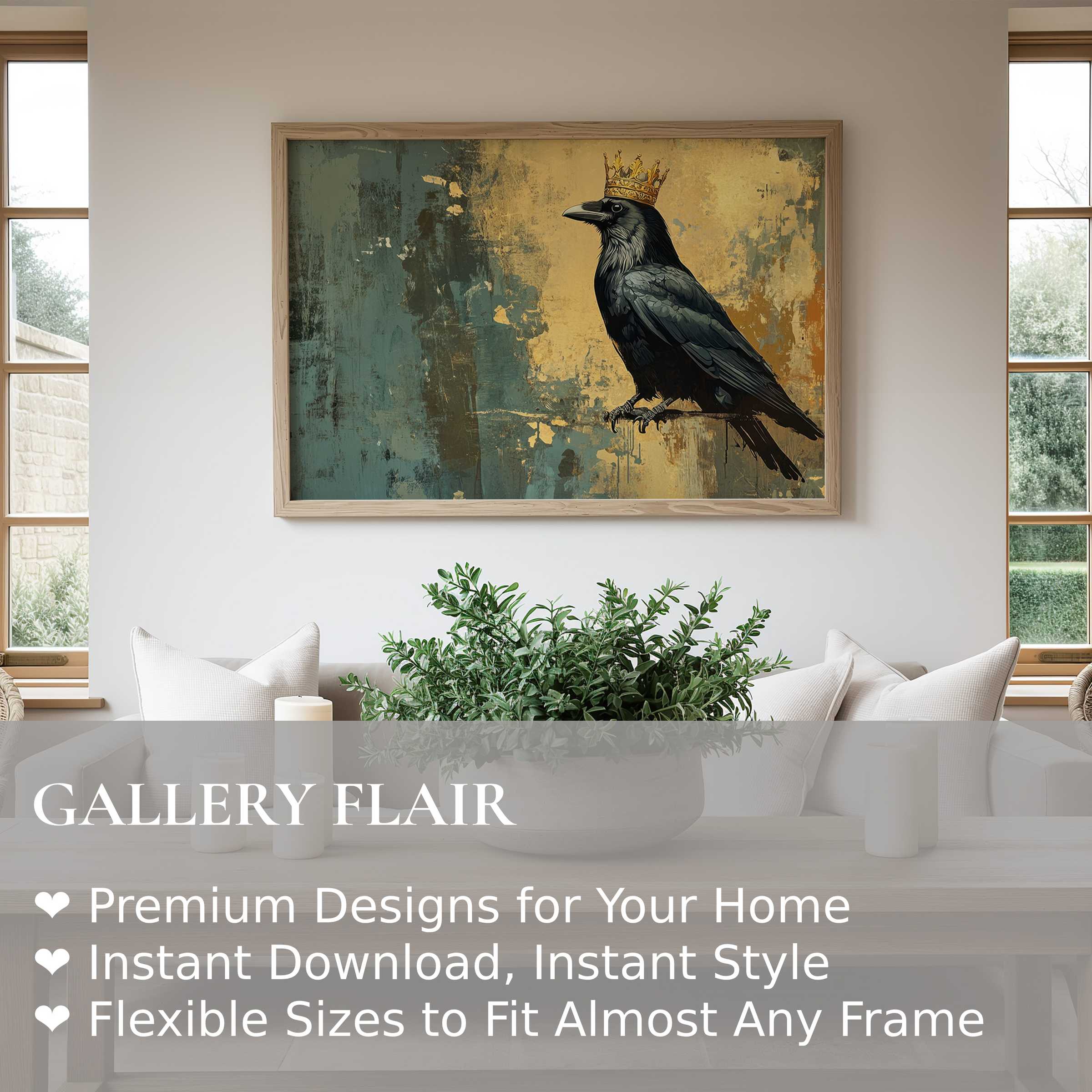 Bold street art wall art print featuring a regal crow with a golden crown, adding edgy sophistication to contemporary interiors