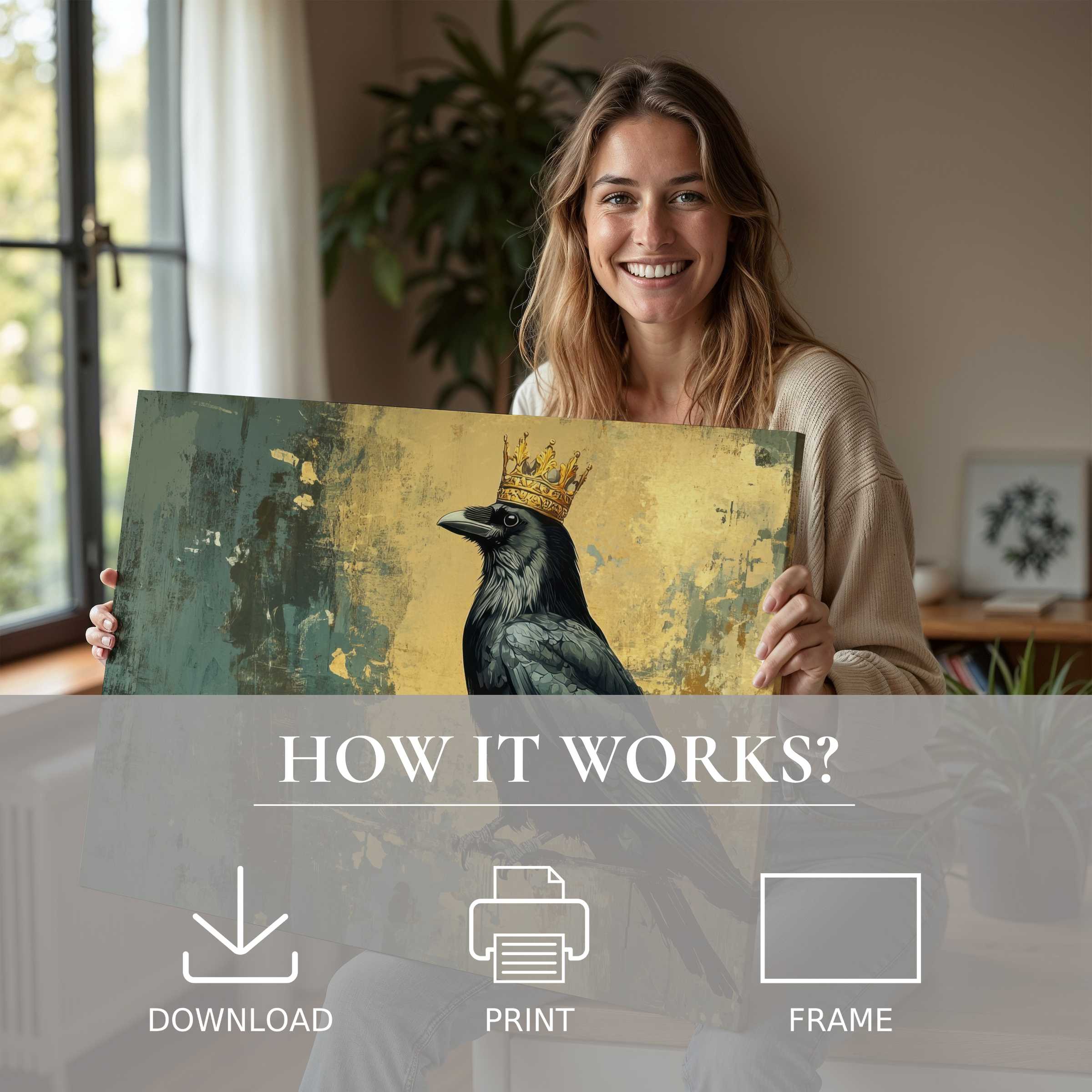 Smiling woman in a stylish home reveals a street art digital art print, embodying joy and effortless elegance in modern decor