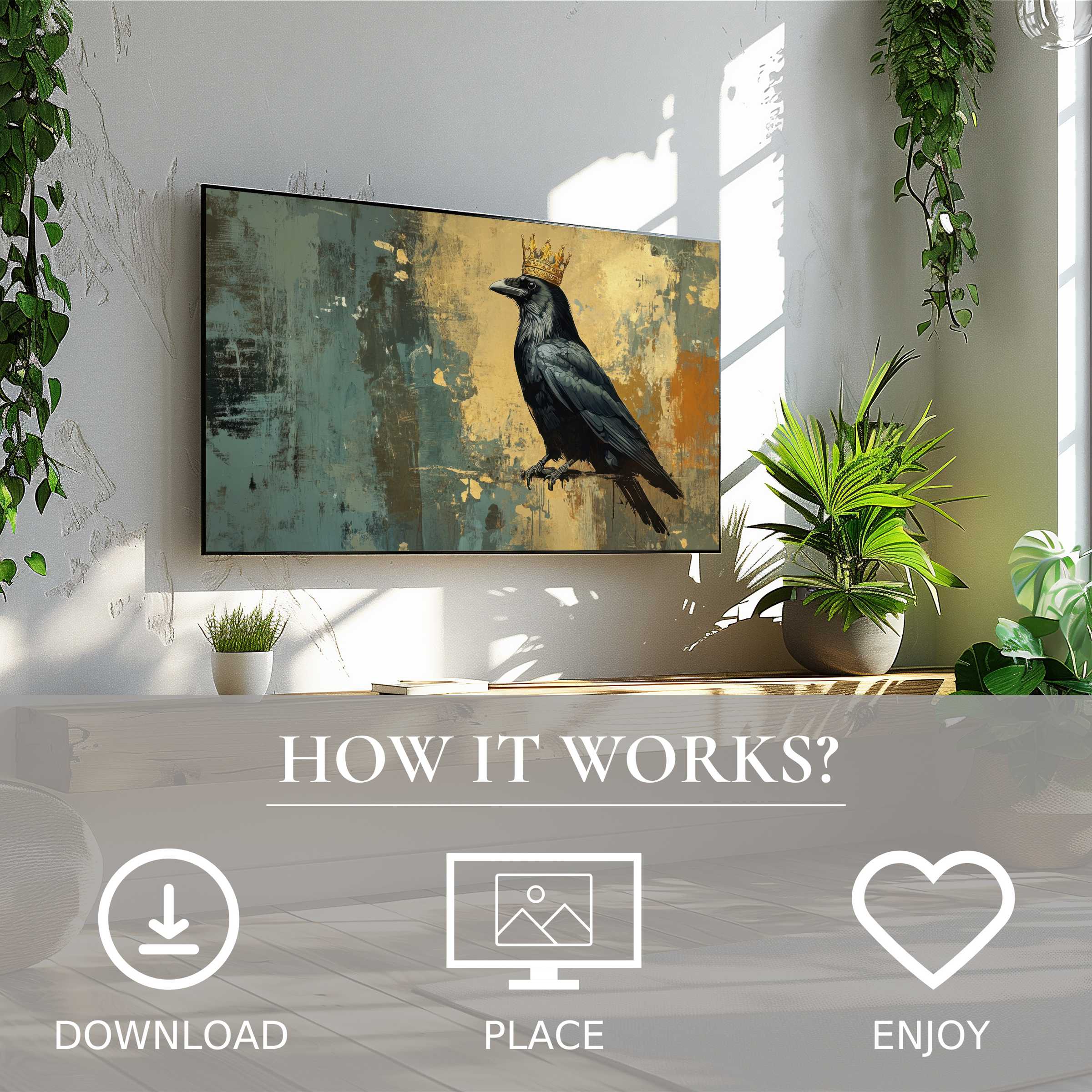 Street art for Samsung TV shows a crowned raven in muted tones, easy digital download enhances stylish living spaces