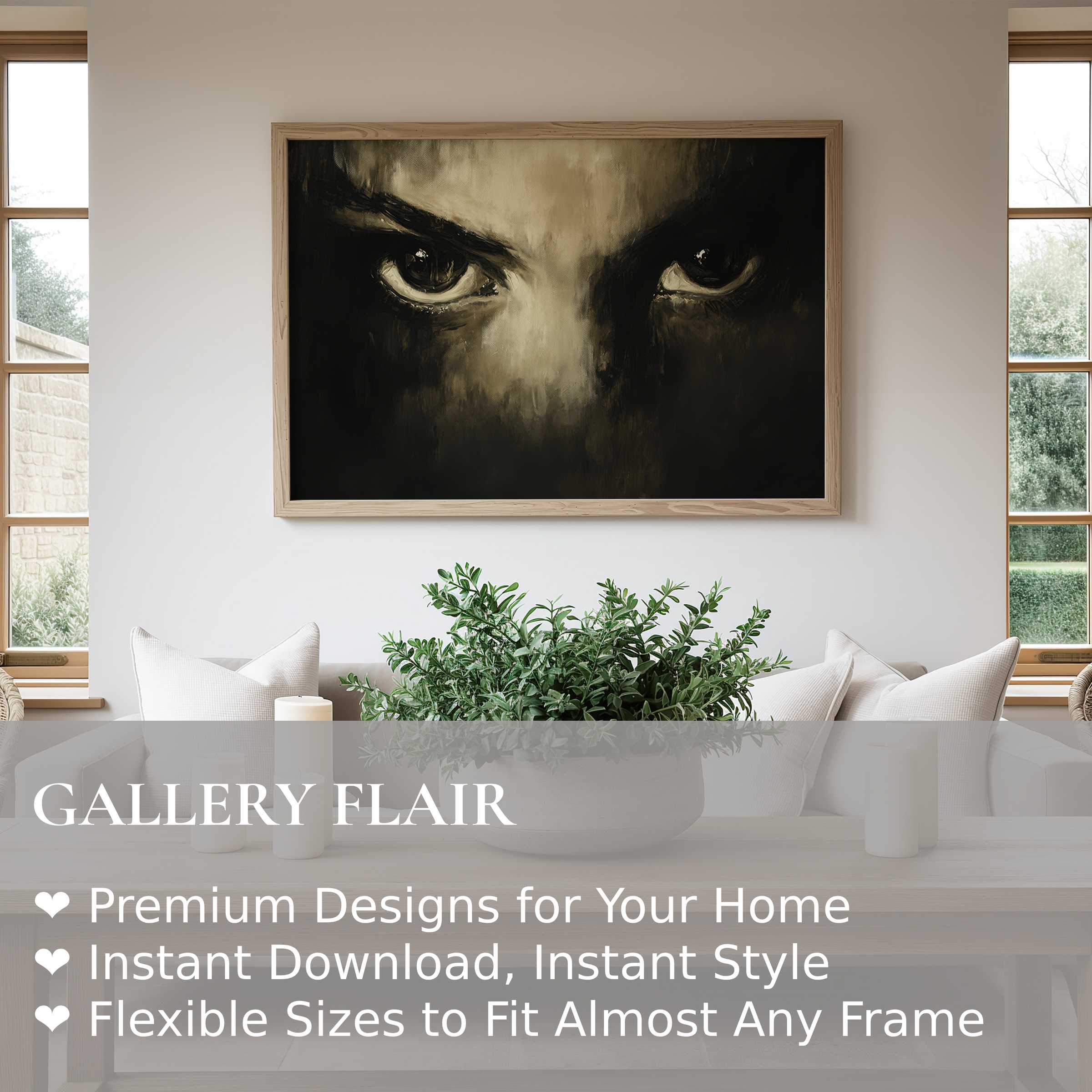 Halloween wall art print featuring intense, haunting eyes with bold chiaroscuro tones, elevating modern minimalist interiors with eerie sophistication and dramatic visual impact
