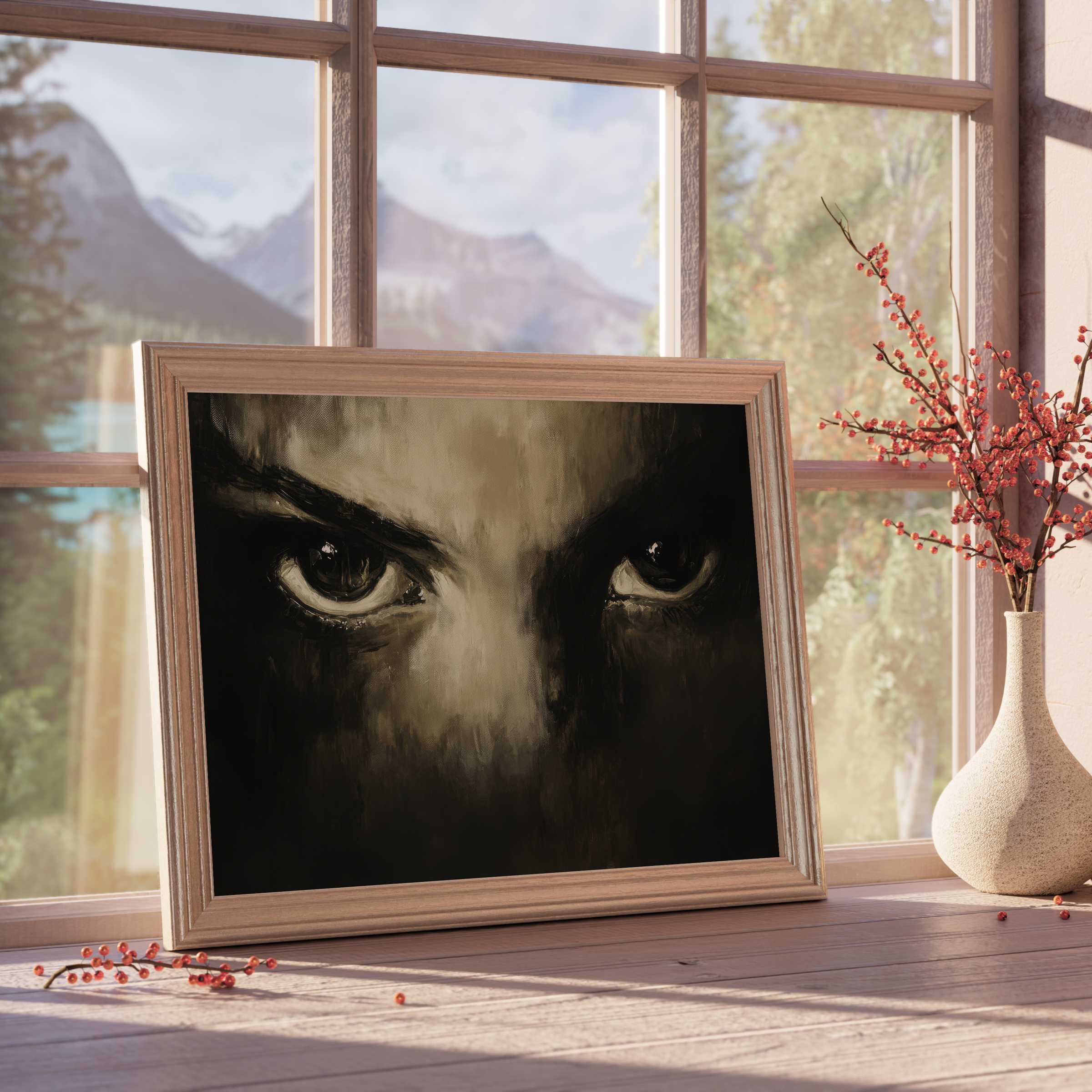 Halloween downloadable art featuring intense, shadowy eyes, perfect for adding a mysterious, curated vibe to elegant interiors