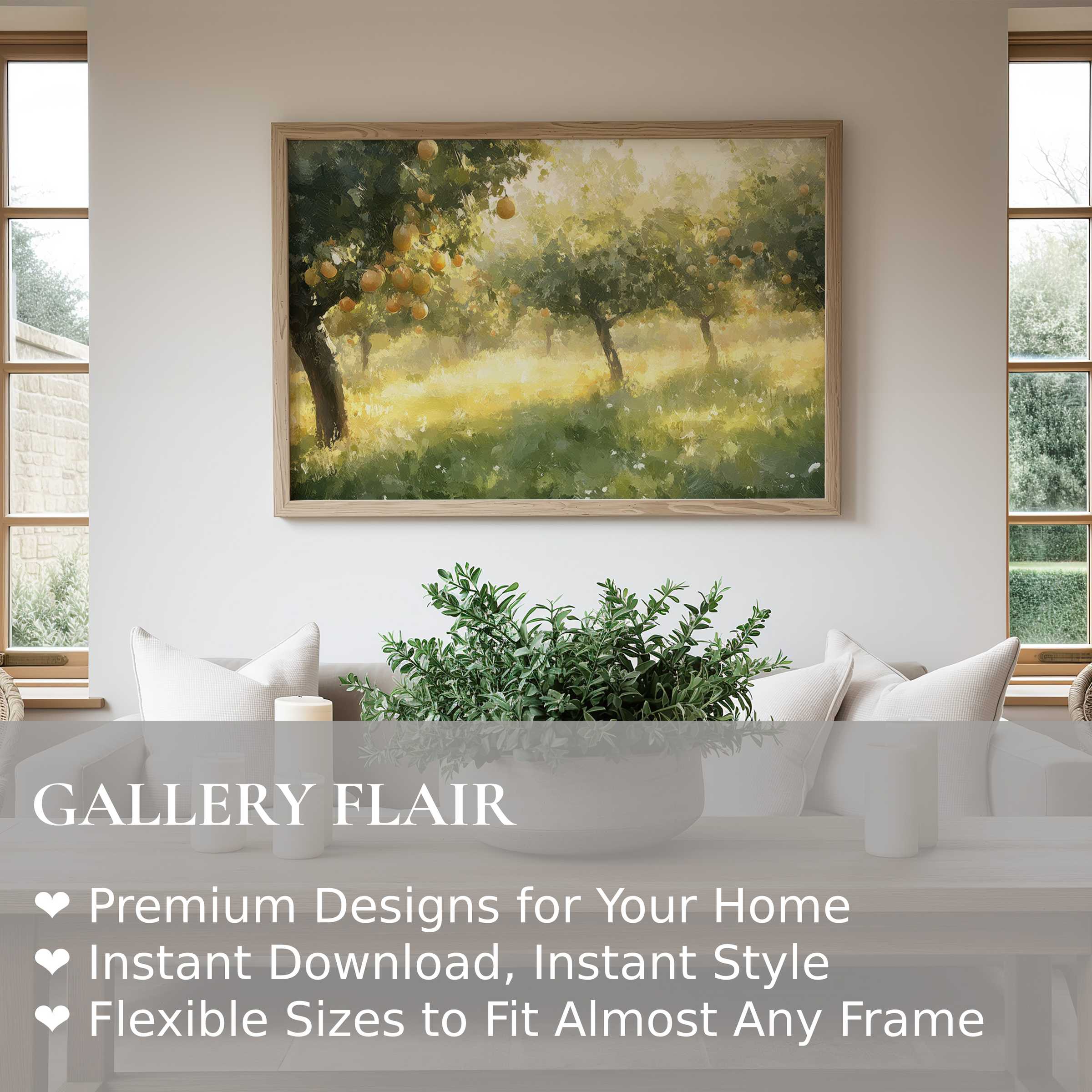 Radiant tree wall art print depicting a sunlit orchard, enhancing cozy modern farmhouse interiors with warmth and natural elegance