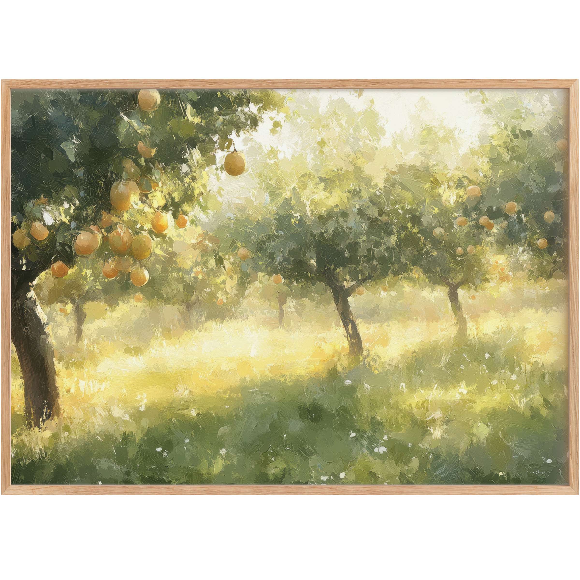 Sun-dappled orchard landscape in soft greens and golds, evoking tranquility and warmth in elegant tree printable wall art