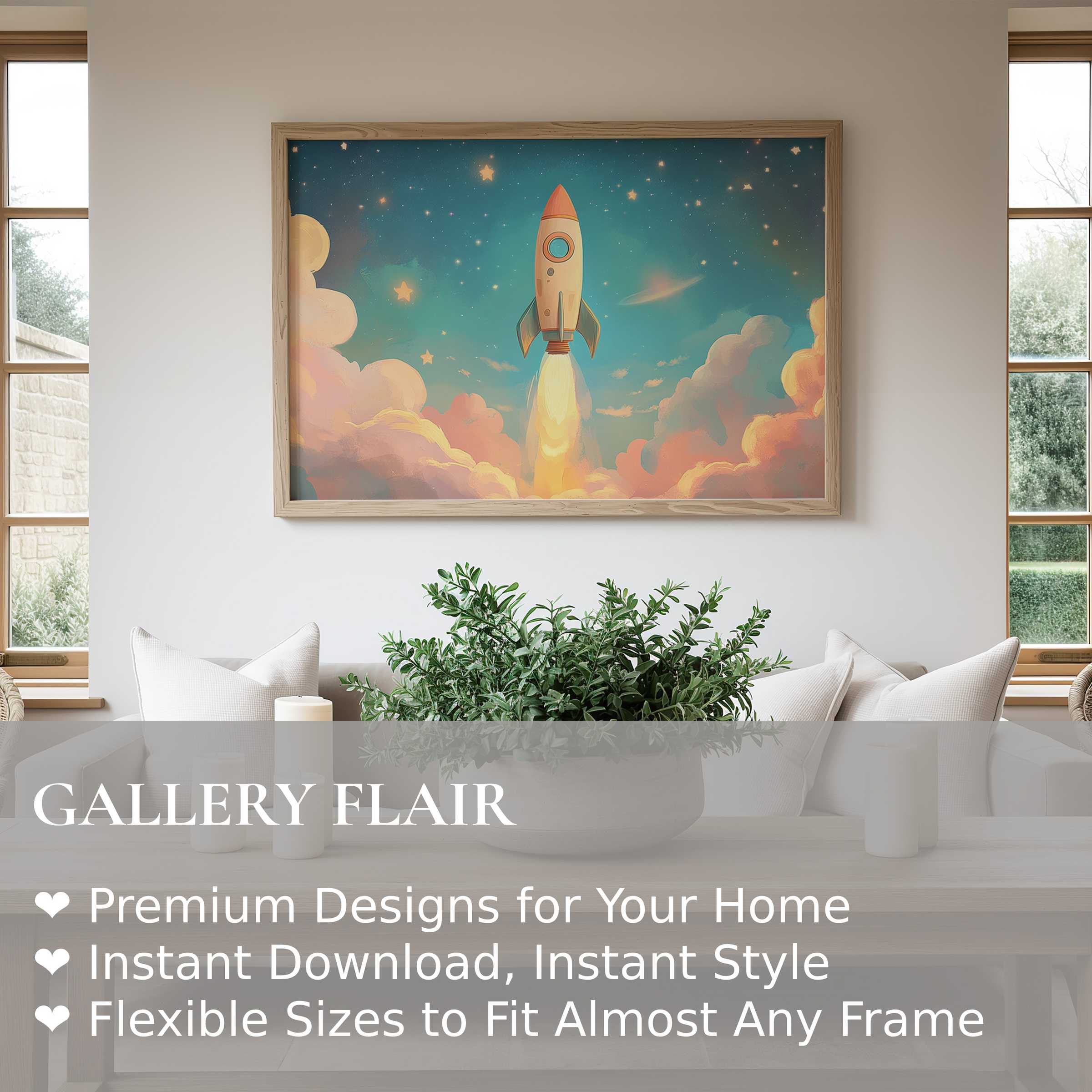 Nursery wall art print of a radiant rocket launch amidst soft clouds and stars, enhancing modern minimalist nursery decor
