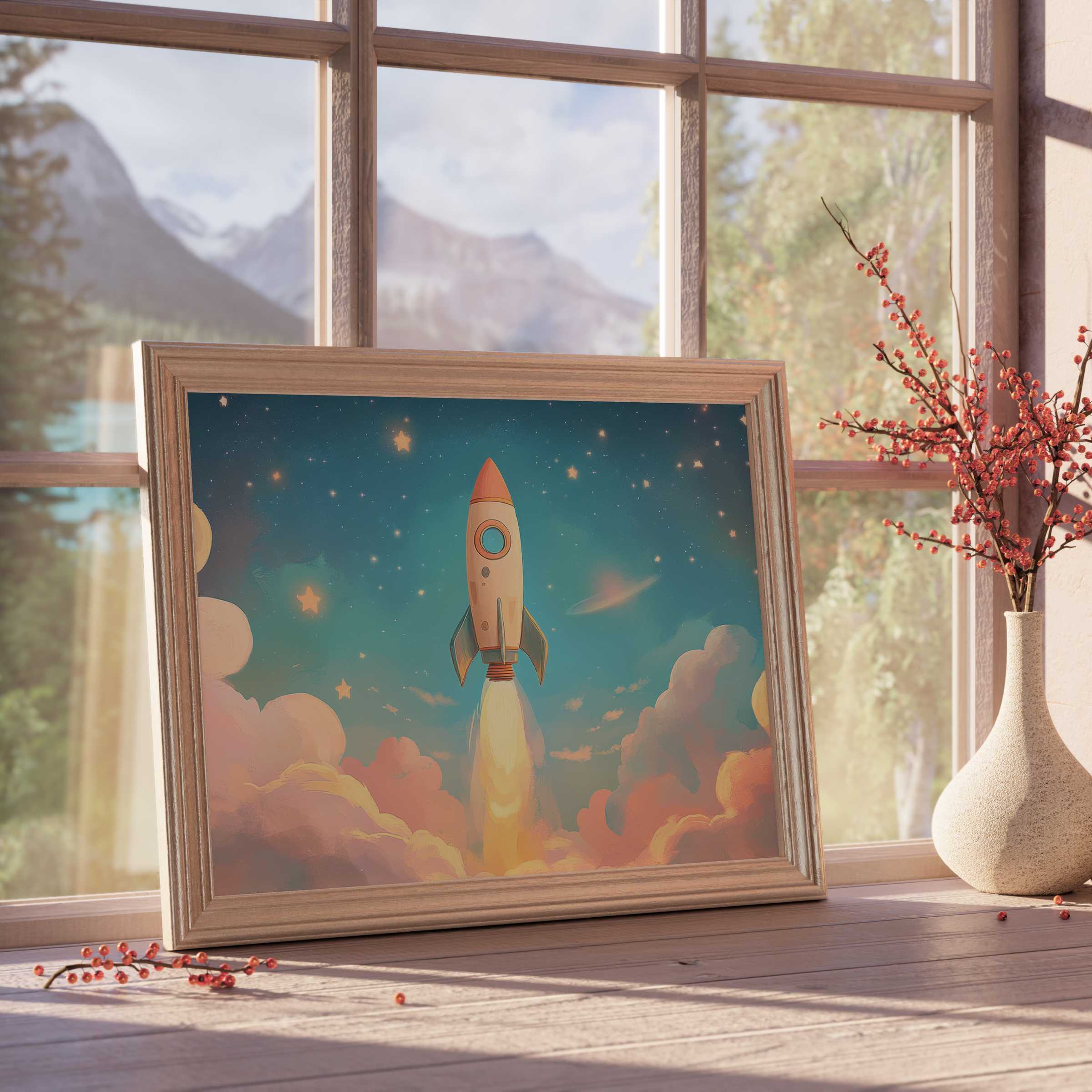 Nursery downloadable art featuring a whimsical rocket launch amidst pastel clouds and twinkling stars, elevating serene, design-forward nurseries