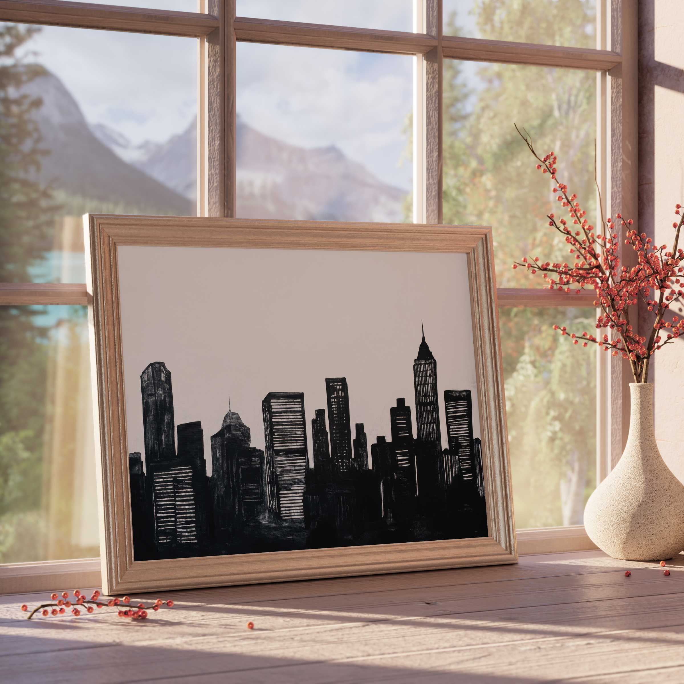 Elegant black and white downloadable art featuring a sleek city skyline, perfect for curated, tranquil modern interiors