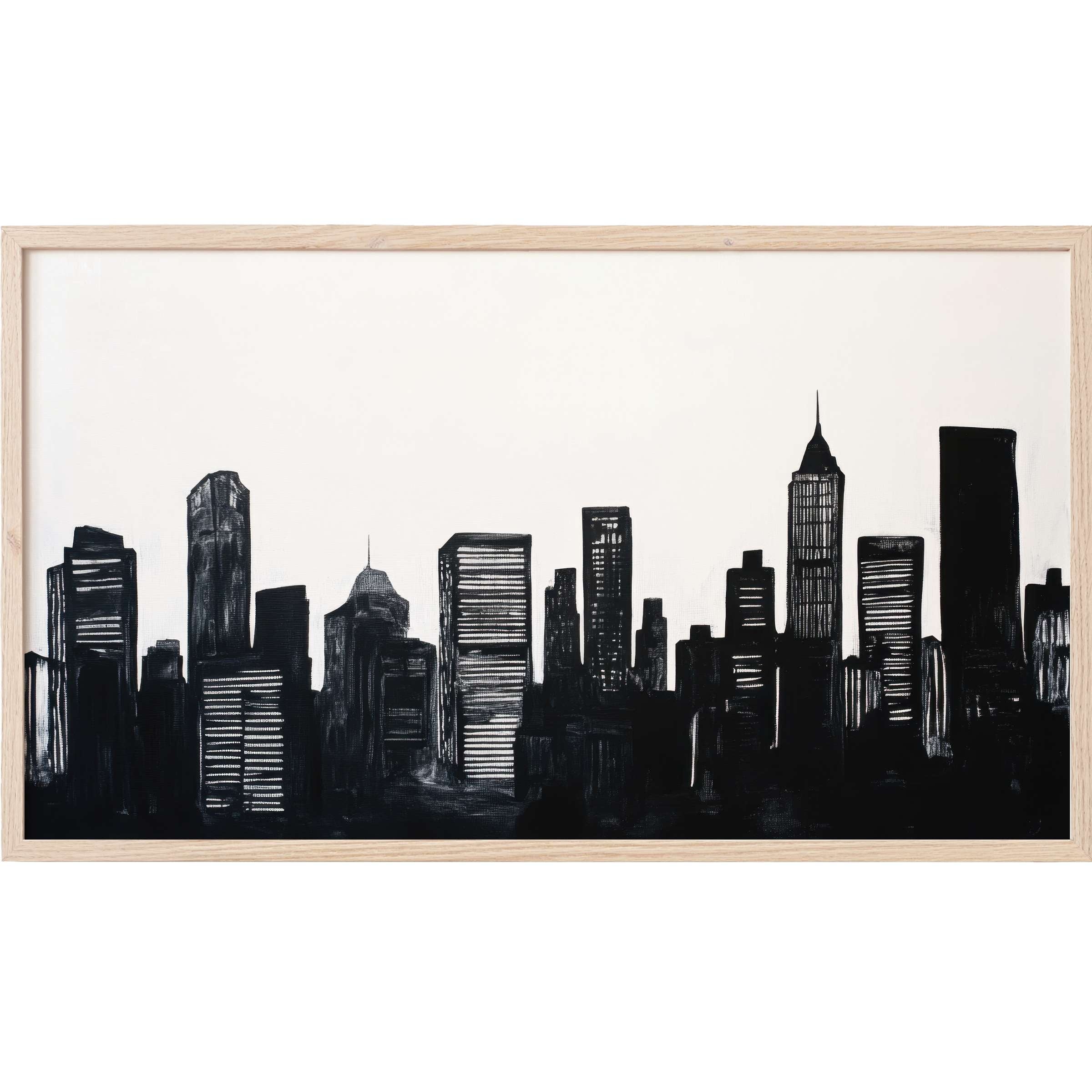 Minimalist black and white city skyline with textured brushstrokes in a natural wood frame, black and white Frame TV Art