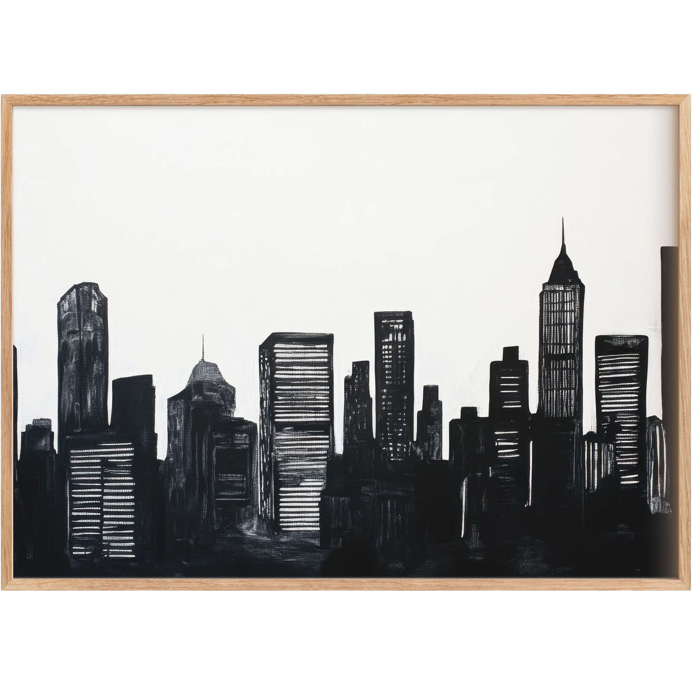 Bold black and white printable wall art captures a sleek city skyline, infusing interiors with modern sophistication and urban allure