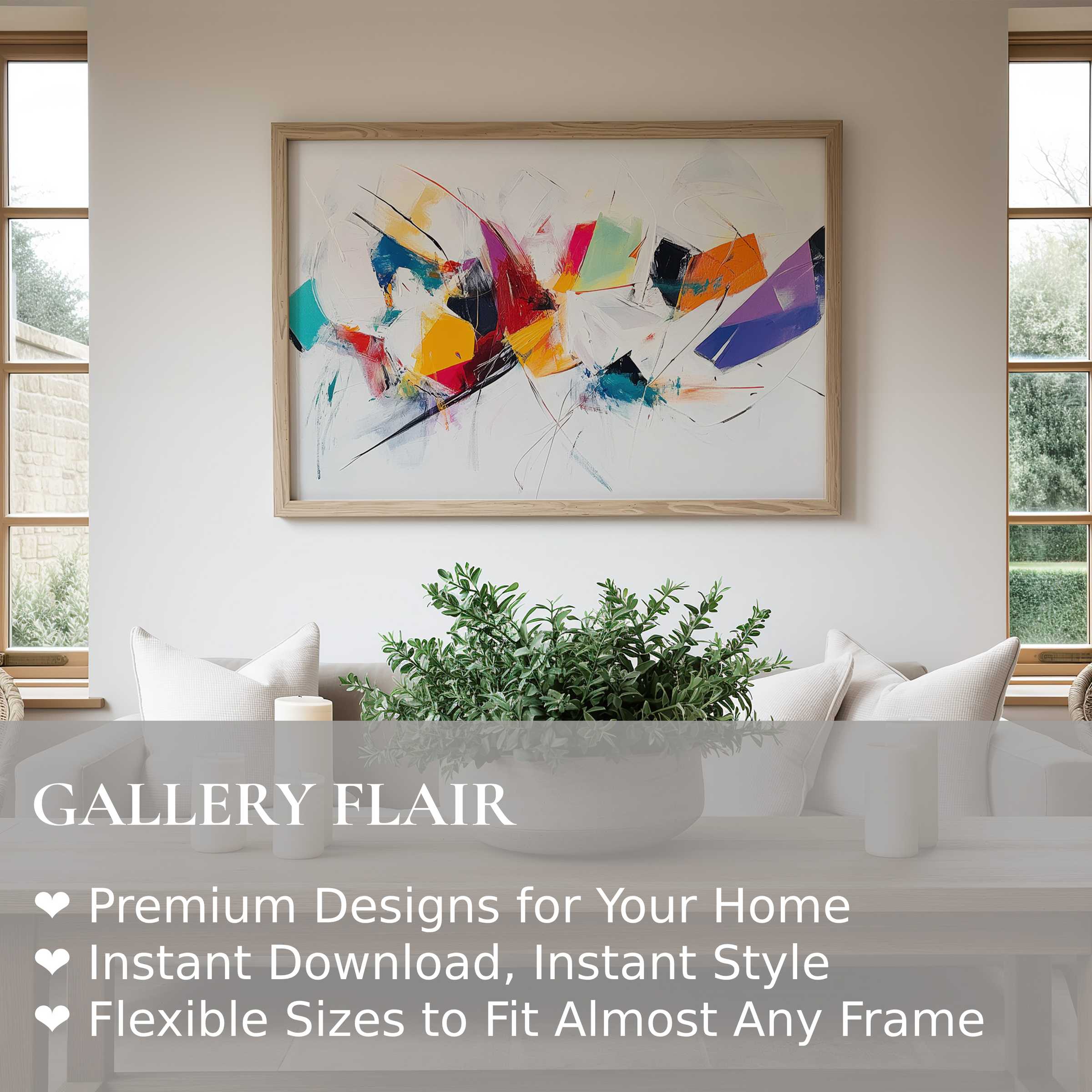 Vibrant abstract wall art print with bold brushstrokes and dynamic shapes, elevating a modern minimalist living room with radiant energy and refined flair