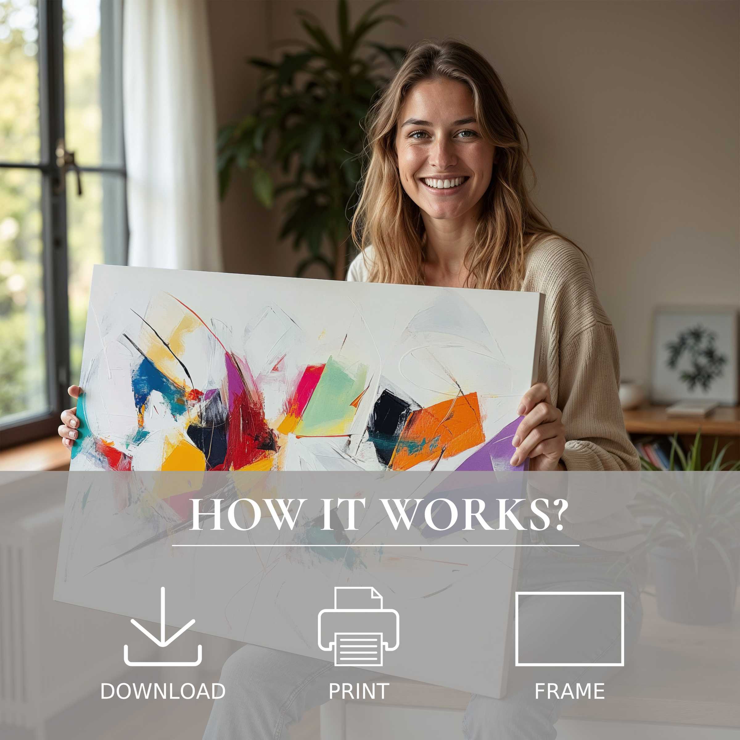 Radiant joy illuminates a modern home as a woman shares an abstract digital art print, embodying effortless elegance