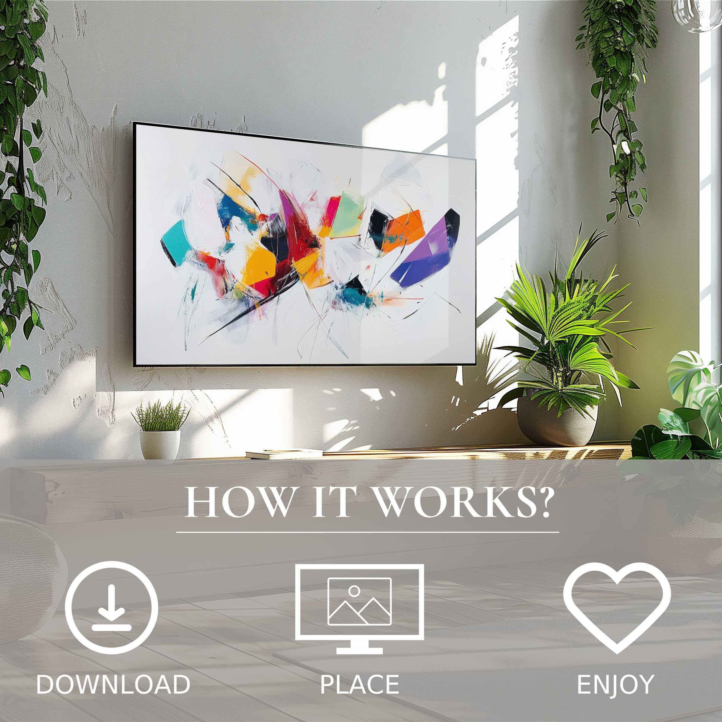 Abstract art for Samsung TV showing vibrant color flow, easy digital download enriching modern living spaces with style