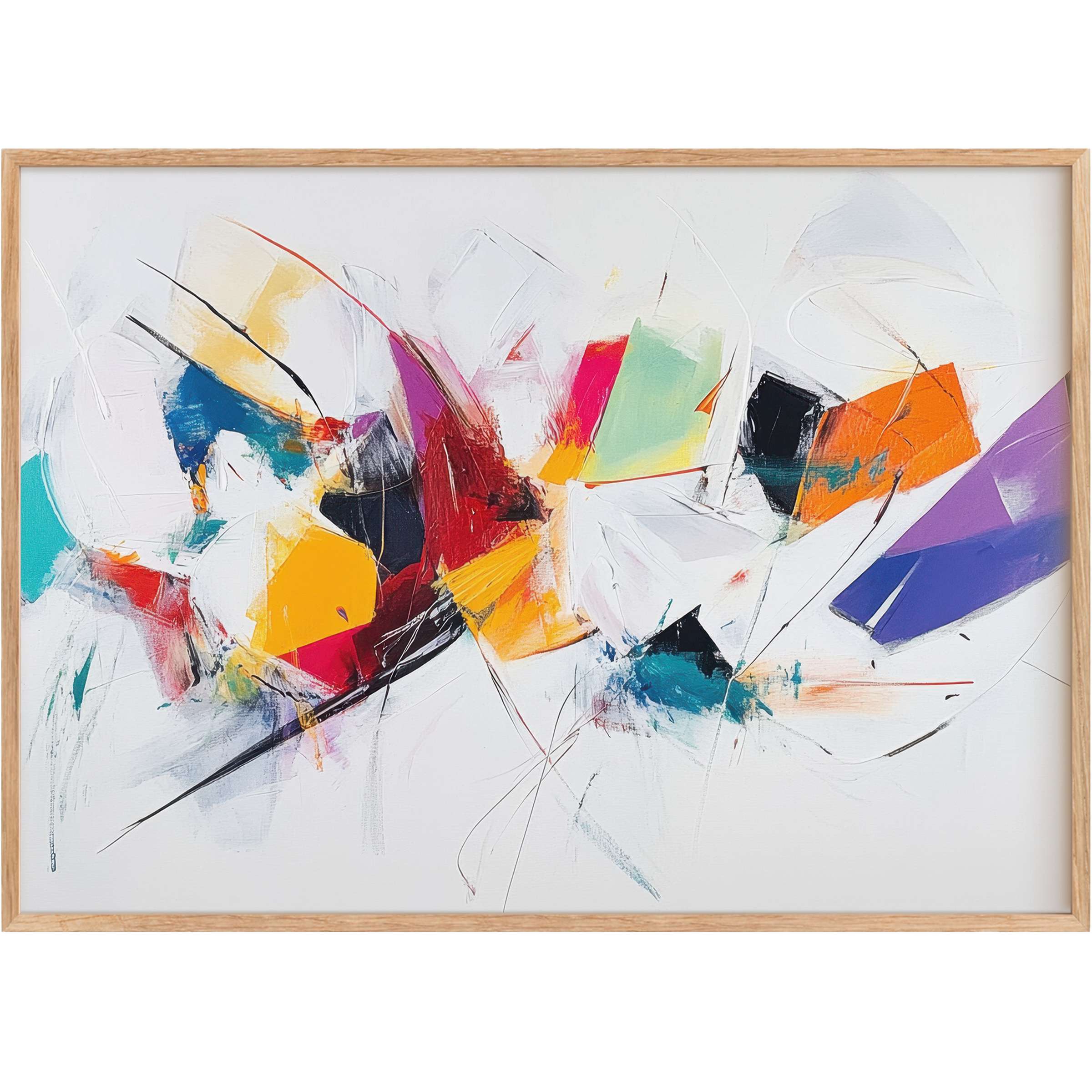 Vibrant abstract printable wall art blending bold reds, oranges, and blues with dynamic lines for an energetic, uplifting ambiance