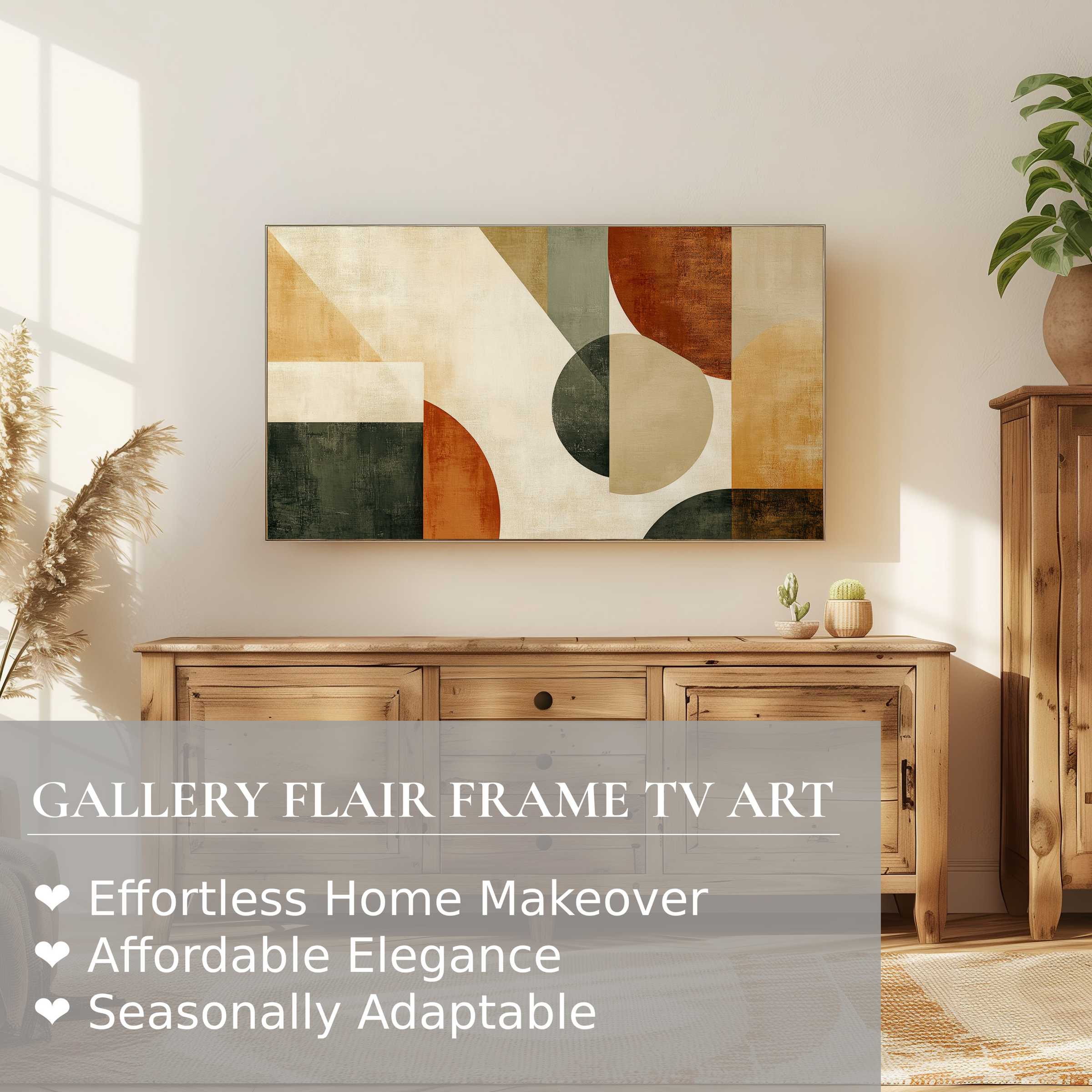Samsung Frame TV displays modern digital artwork with warm geometric shapes in a refined, cozy living space