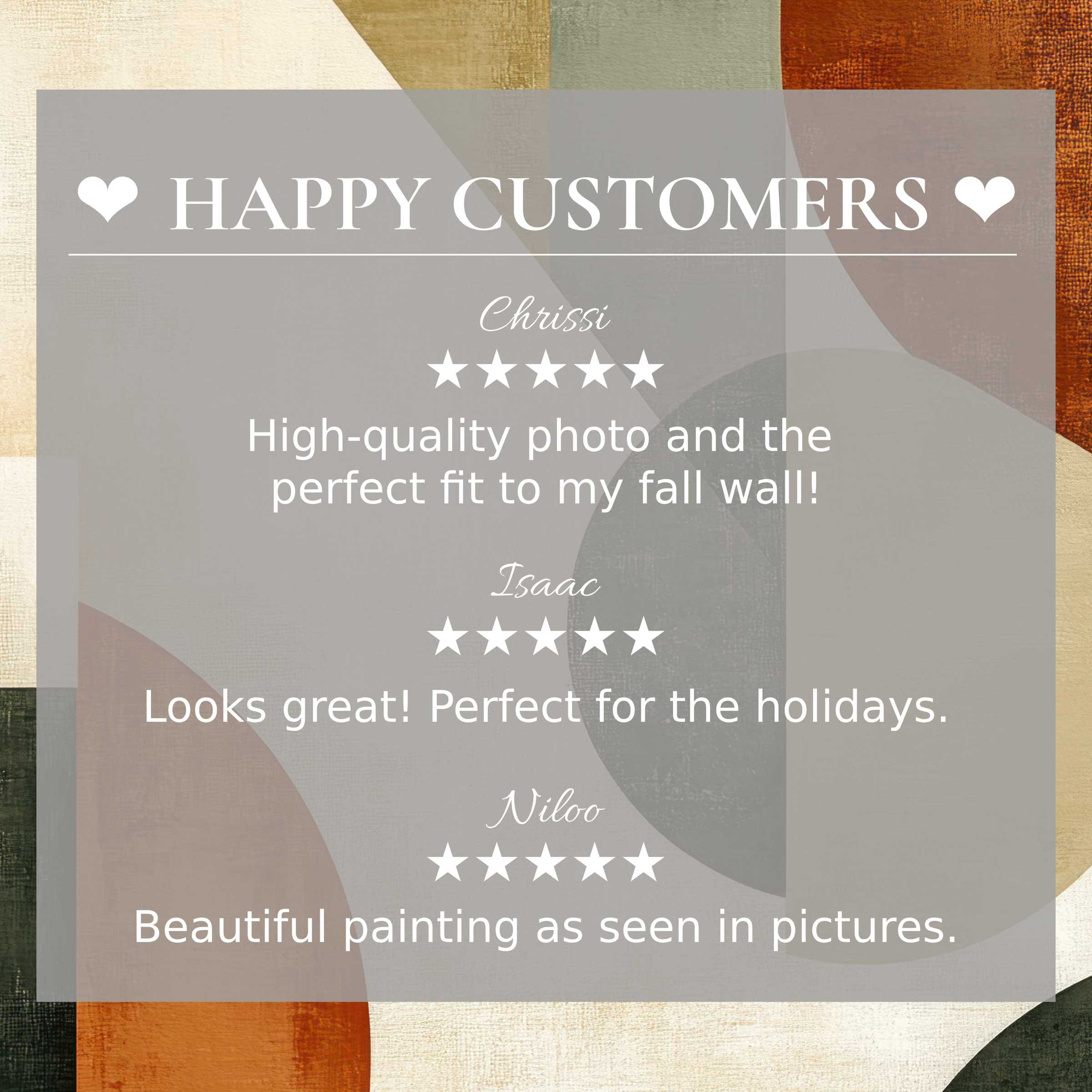Modern art for Frame TV with abstract earth tones, showcasing happy customer reviews and elegant, trust-building design