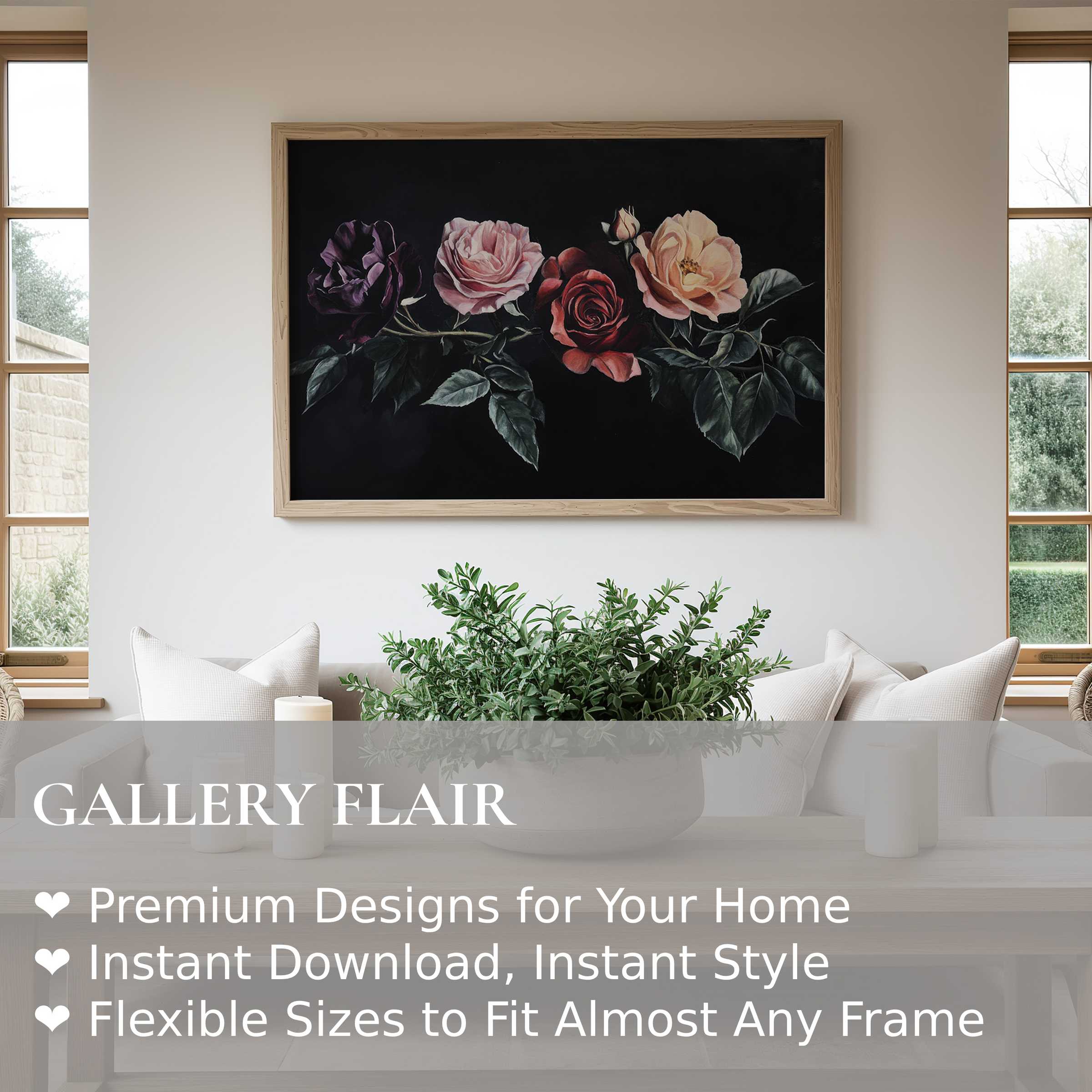 Floral wall art print of elegant roses in muted tones, adding a radiant, refined touch to minimalist, contemporary interiors