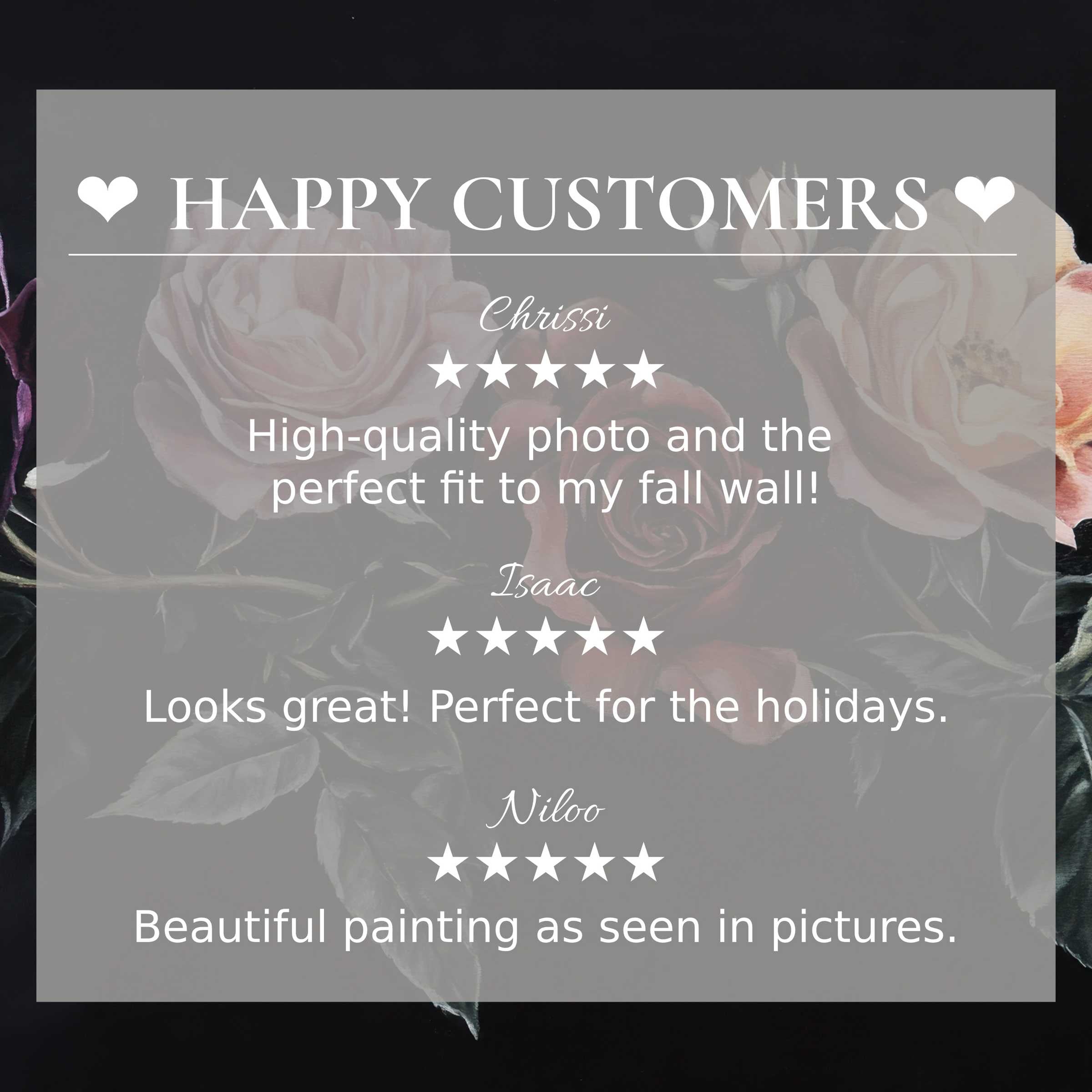Floral art for Frame TV with abstract rose background, showcasing happy customer reviews and elegant, trustworthy design