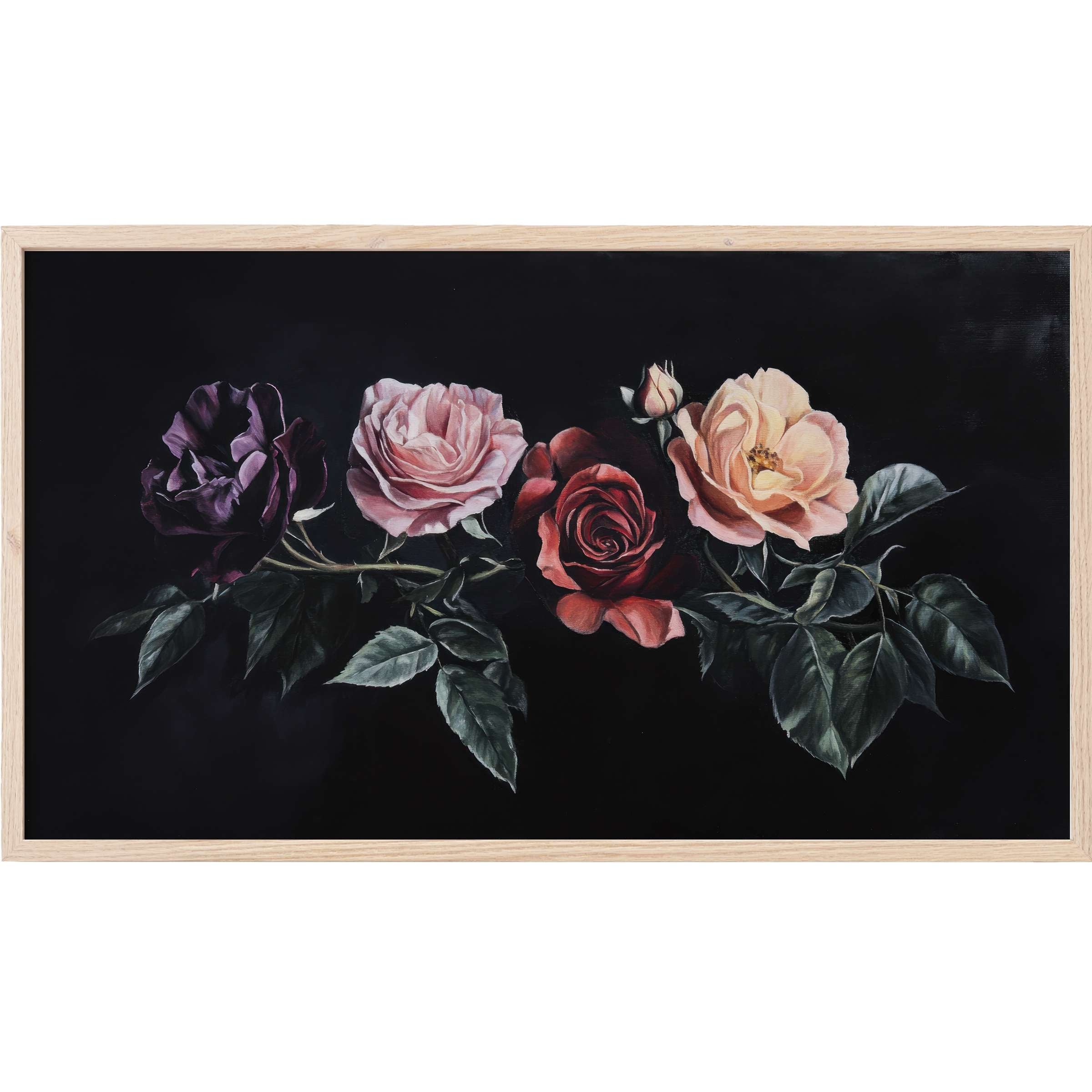 Floral Frame TV Art featuring exquisite roses in deep purple, blush pink, red, and peach against a sleek black backdrop