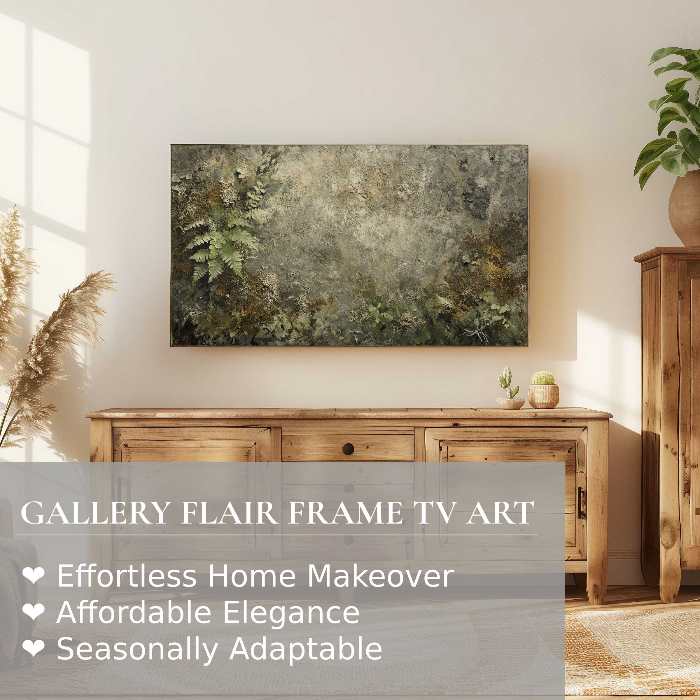 Samsung Frame TV displays refined botanical digital artwork in a serene, modern living room with natural wood furnishings