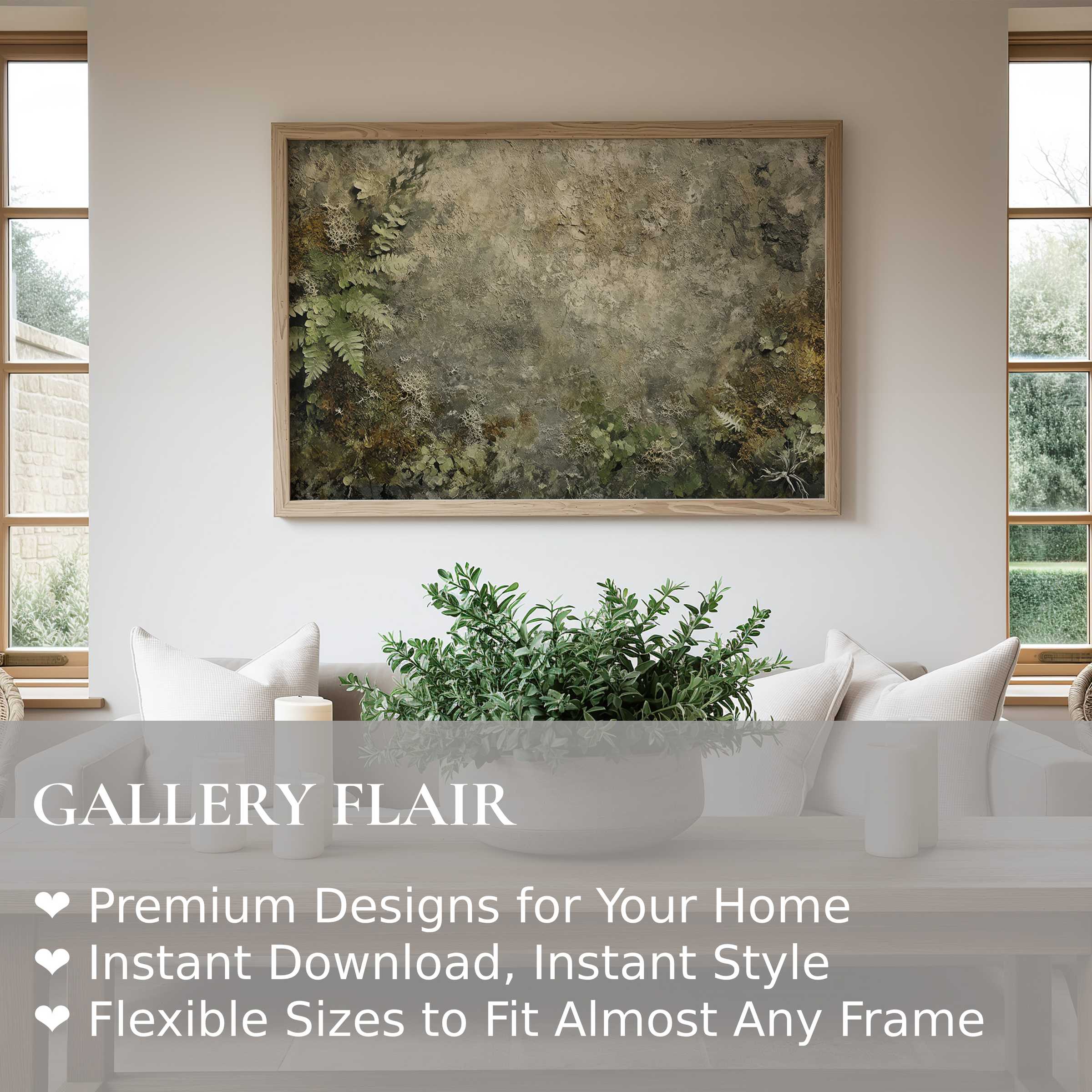 Botanical wall art print with textured greenery and earthy tones, adding a calming, organic touch to modern minimalist interiors