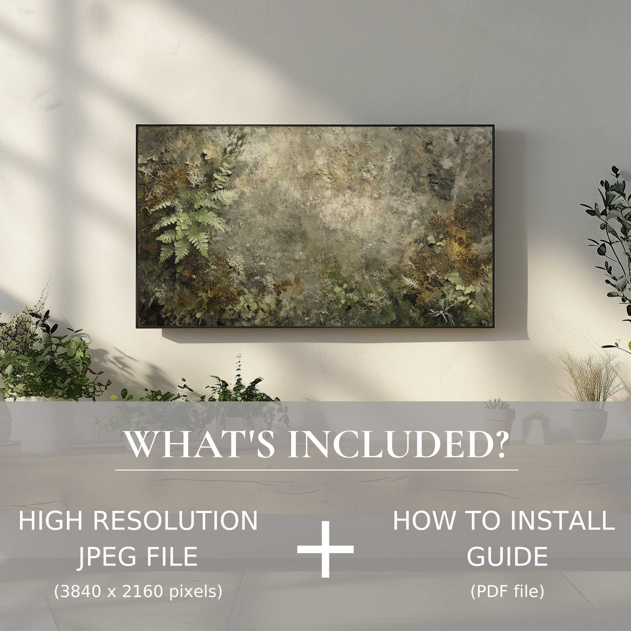 Elegant botanical digital TV art download, easy to use, enhances chic living spaces with natural textures and muted tones