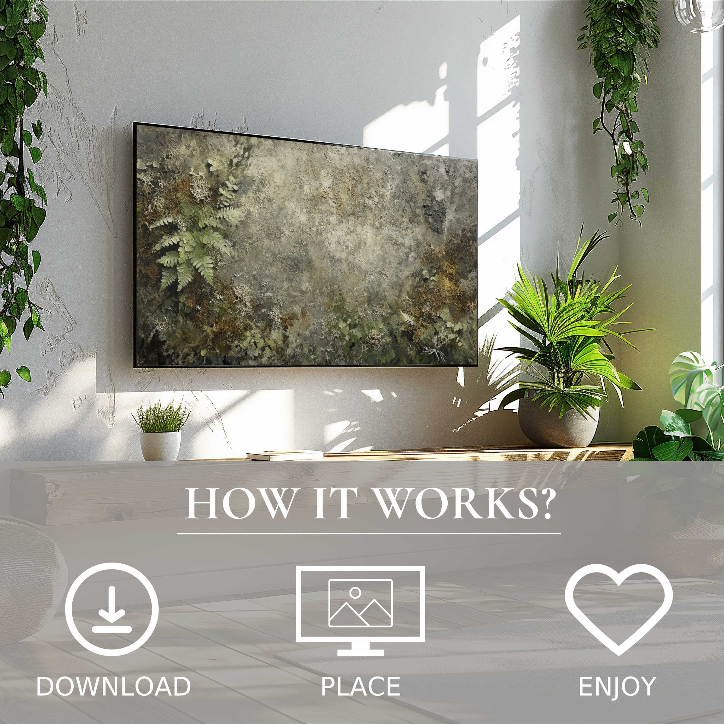 Botanical art for Samsung TV with earthy green color flow, easy digital download enriching modern living spaces