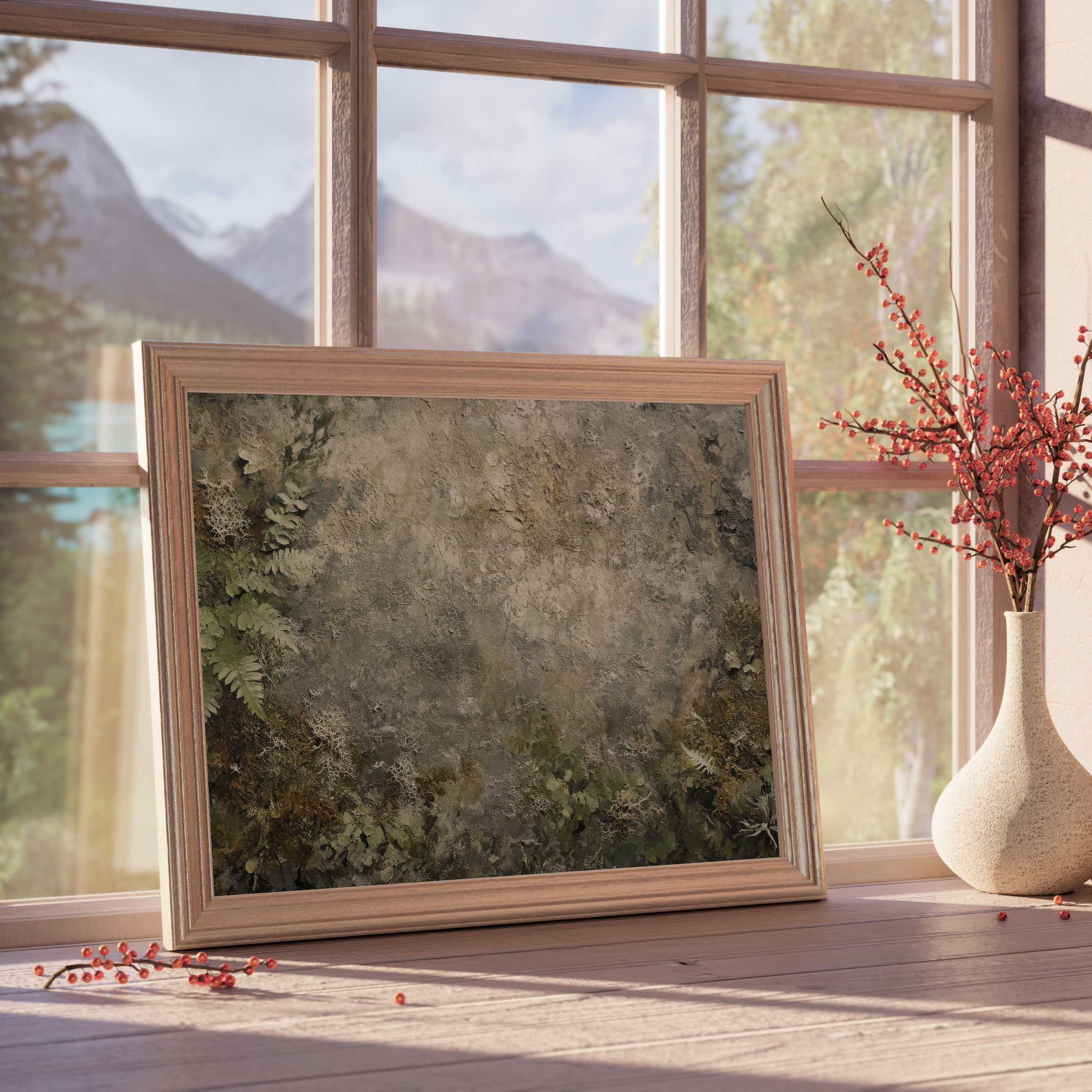 Botanical downloadable art blending earthy textures and lush greenery, elevating curated, tranquil spaces with natural elegance