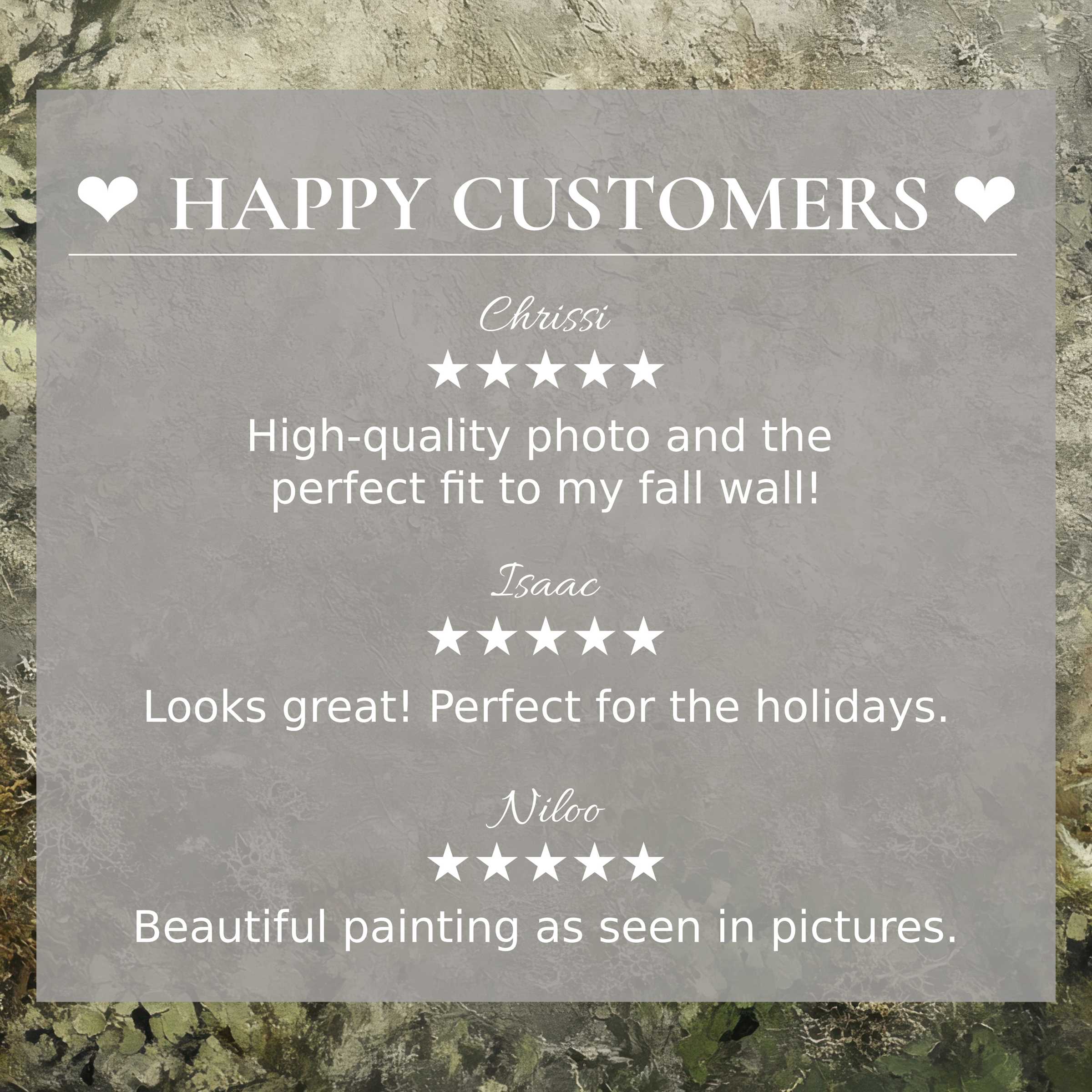 Refined botanical art for Frame TV with abstract green and stone hues, showcasing happy customer reviews and trust